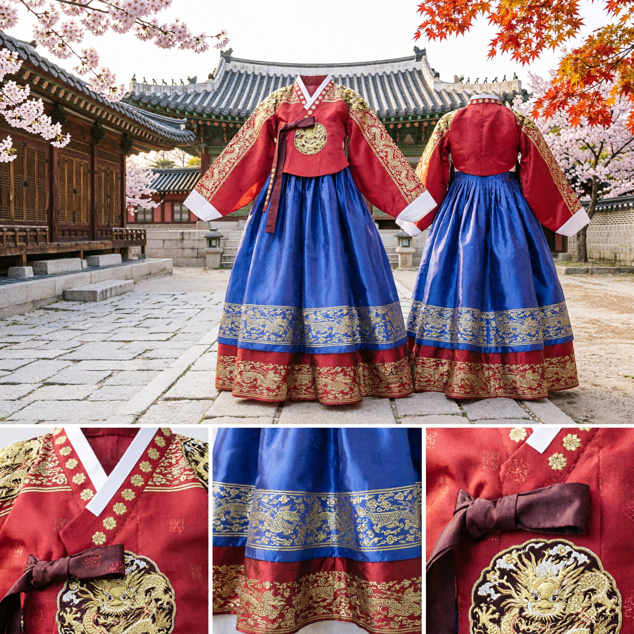 Abito di Corte Reale Tradizionale Coreano Hanbok Rosso e Blu con Ricamo del Drago Dorato per Donne - Asian Costume