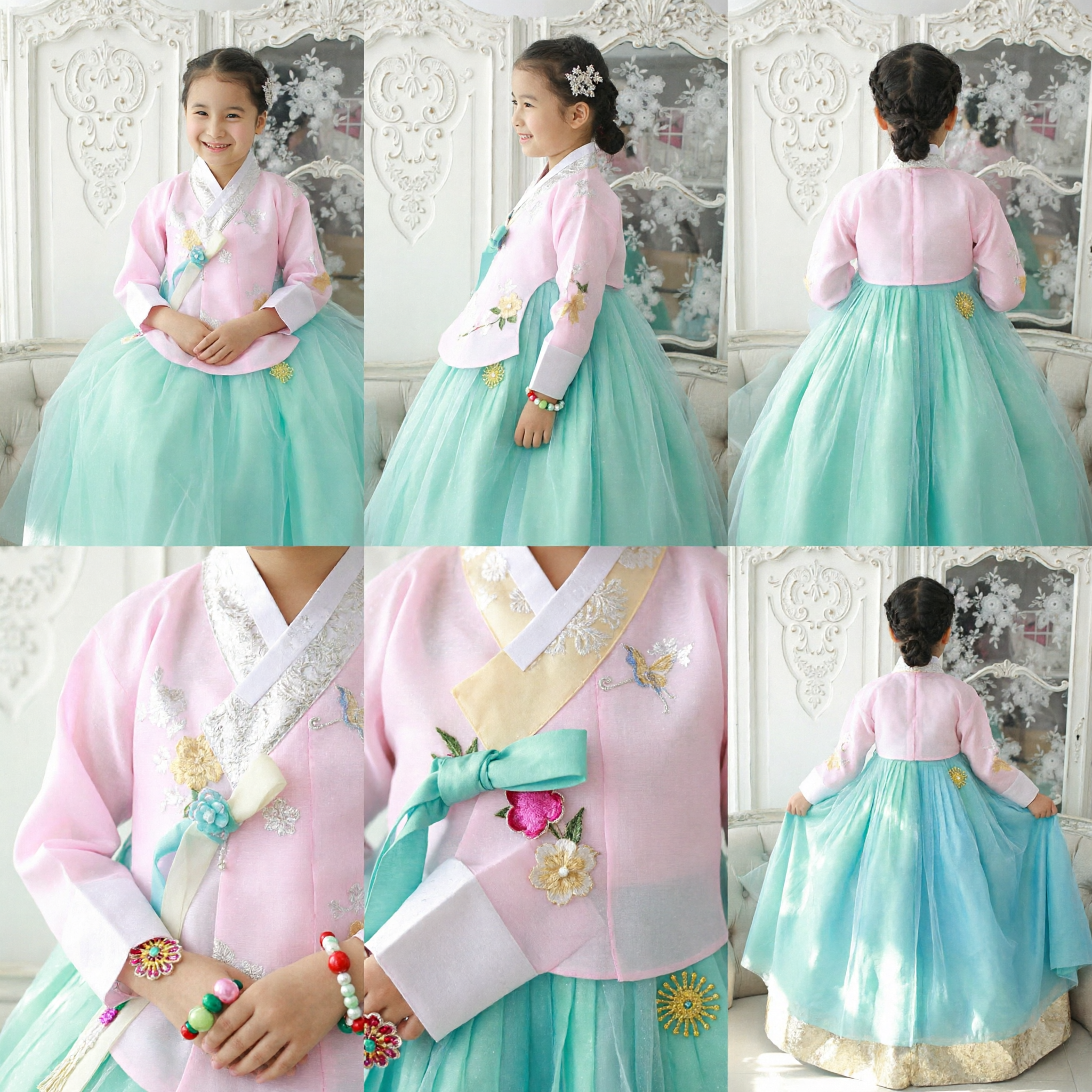 Costume Hanbok Tradizionale Coreano per Ragazze, Top Rosa e Gonna in Tulle Verde Menta per Feste di Compleanno - Asian Costume