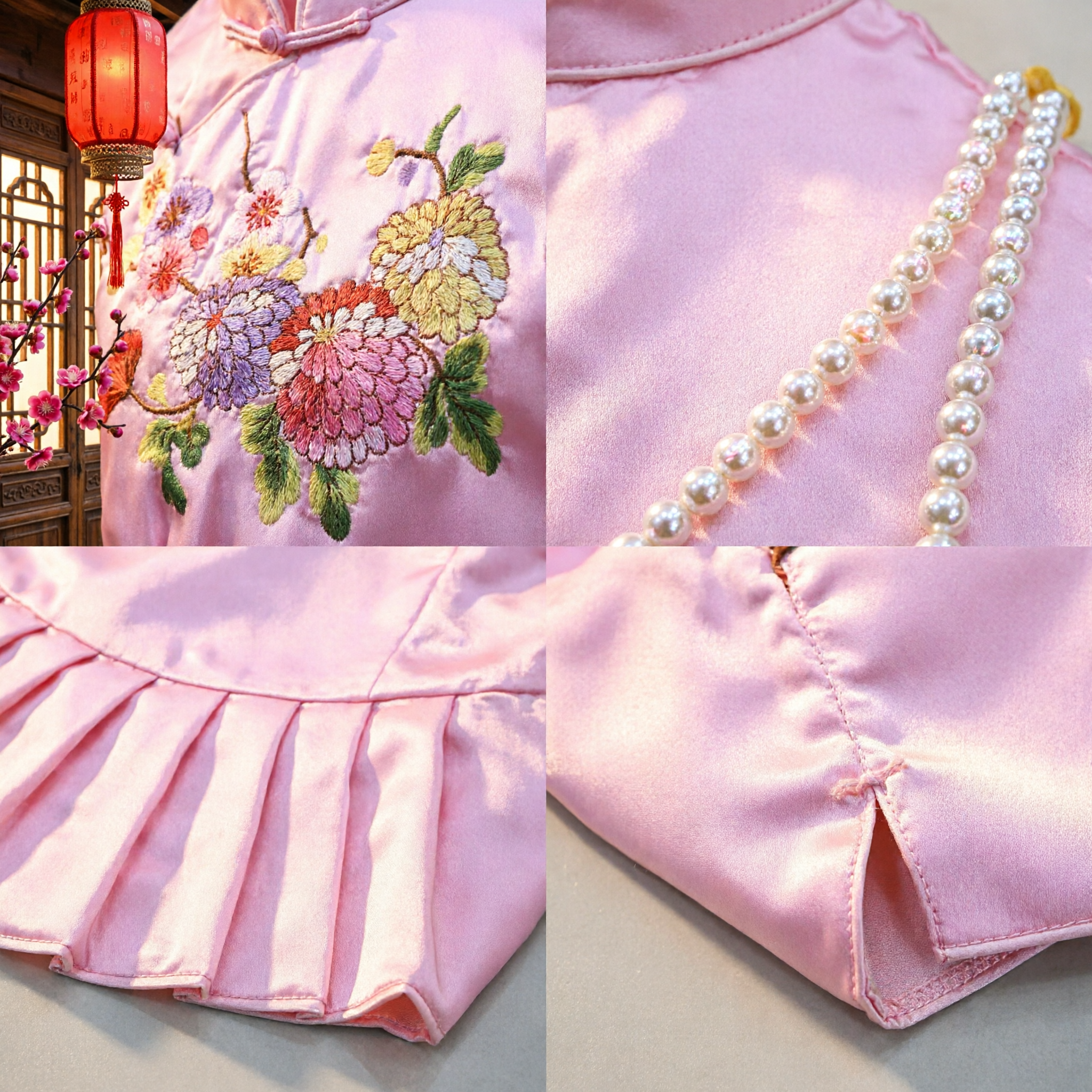 Babi de Seda Rosa Bordada con Flores y Nubes, Cuello Tradicional Chino para Bebé, Accesorio para Traje Hanfu - Asian Costume