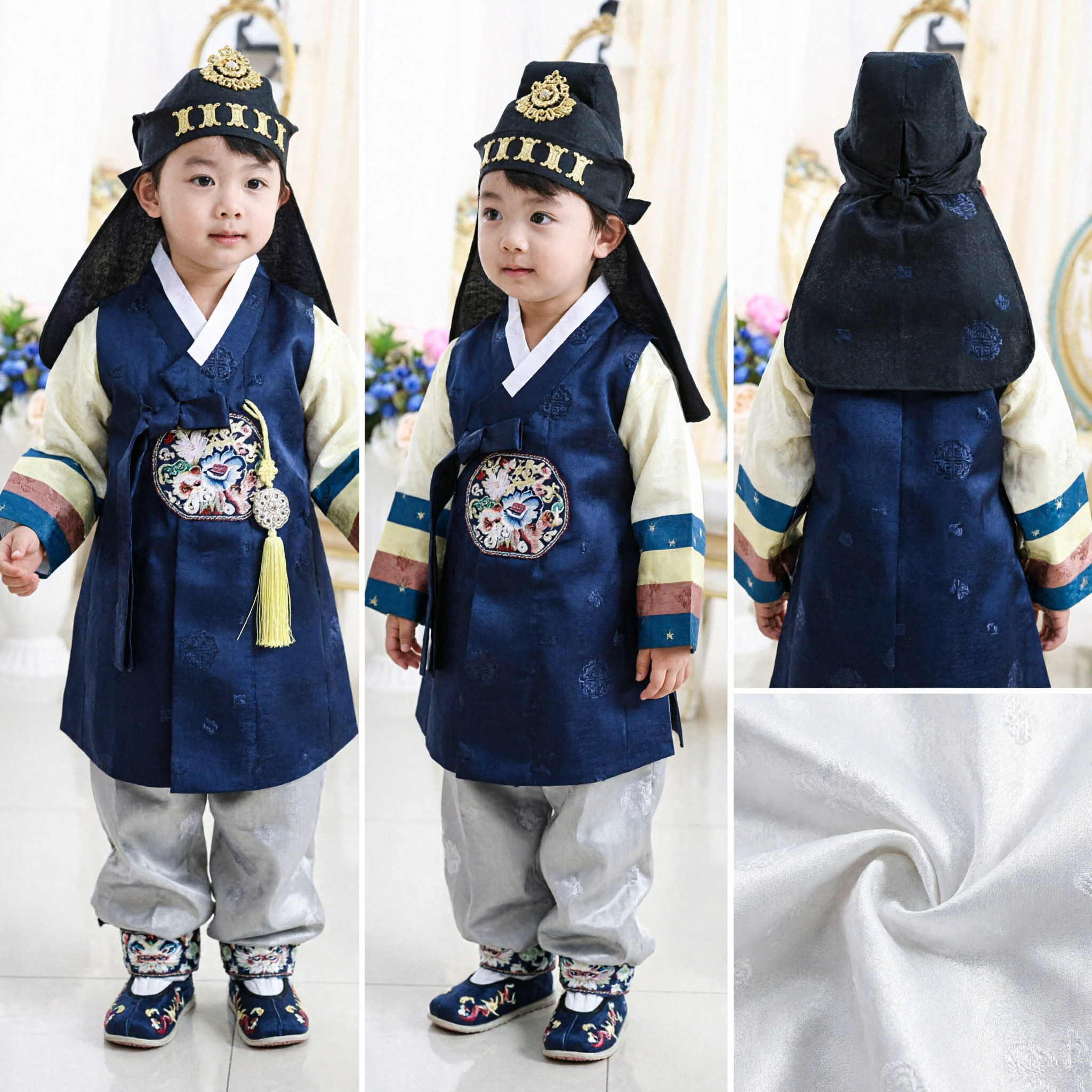 Conjunto de Traje Cerimonial Hanbok Coreano Tradicional para Meninos, com Chapéu Bordado e Colete Azul para Primeiro Aniversário - Asian Costume