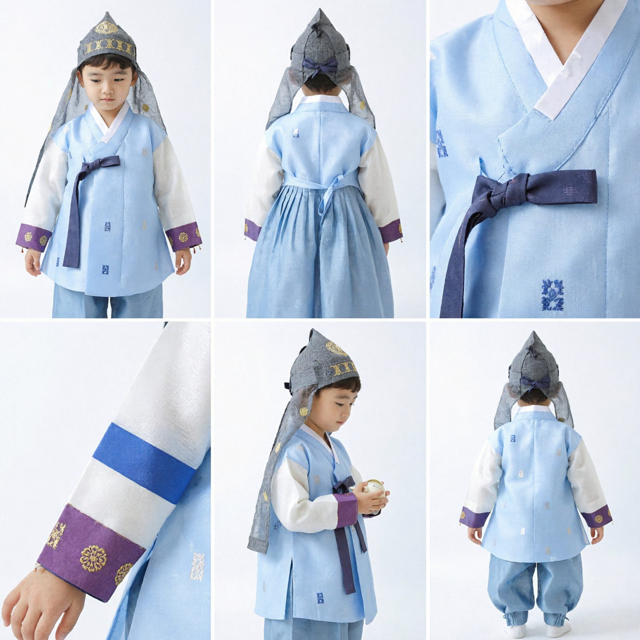Tradycyjny koreański hanbok dla chłopców, niebieski dolbok, zestaw kostiumów na ceremonię pierwszych urodzin z kapeluszem - Asian Costume