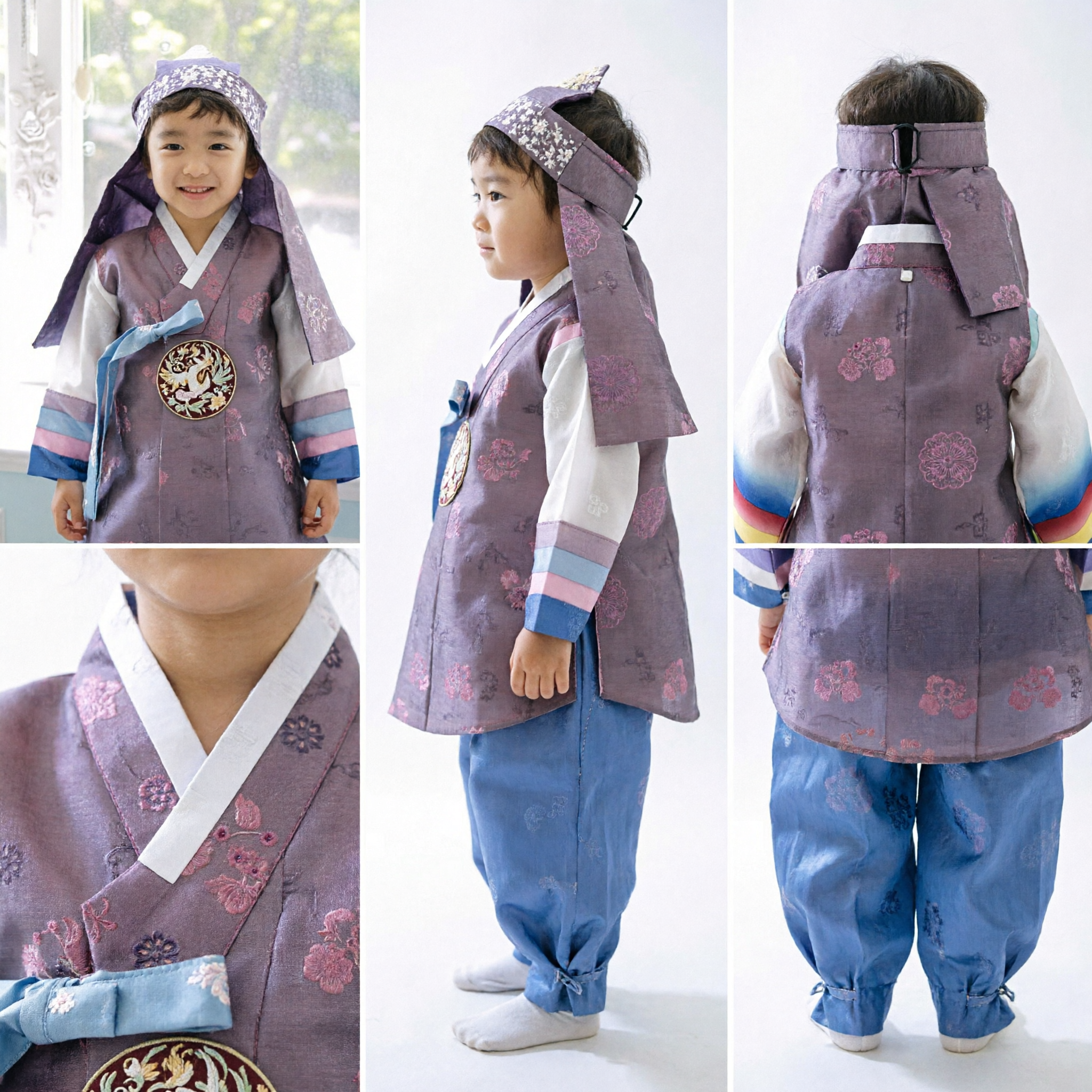 伝統的韓国ハンボック 男の子用紫花柄チョゴリと青バジ 子供衣装セット - Asian Costume