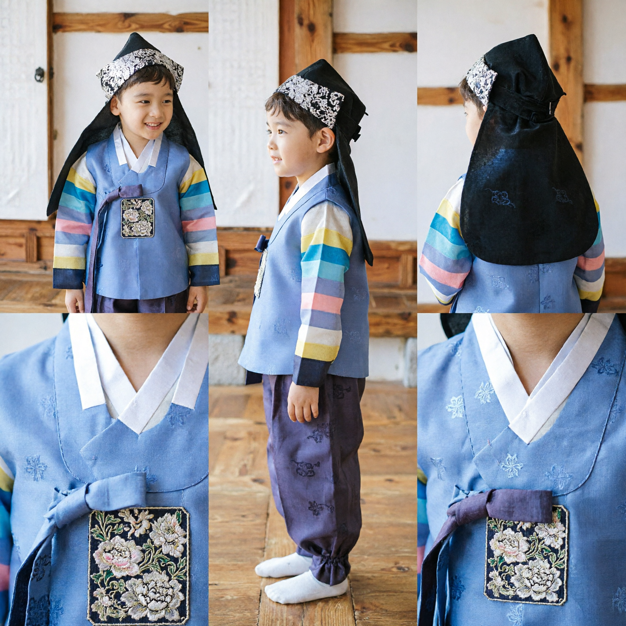 Hanbok Coreano Tradicional para Meninos, Jeogori Azul com Mangas Listradas e Chapéu para Primeiro Aniversário - Asian Costume