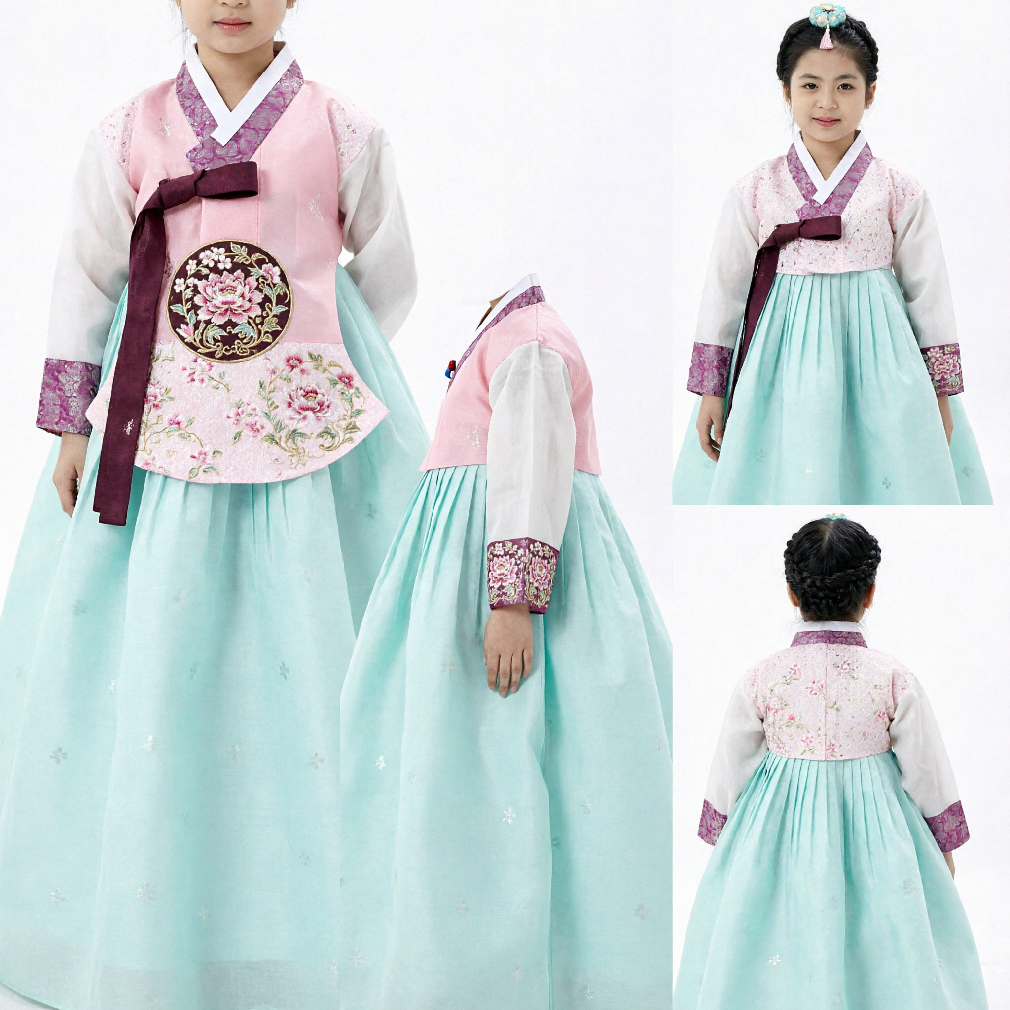 Vestido Hanbok Coreano Tradicional para Meninas, Rosa e Verde Menta, para Casamentos e Primeiro Aniversário - Asian Costume