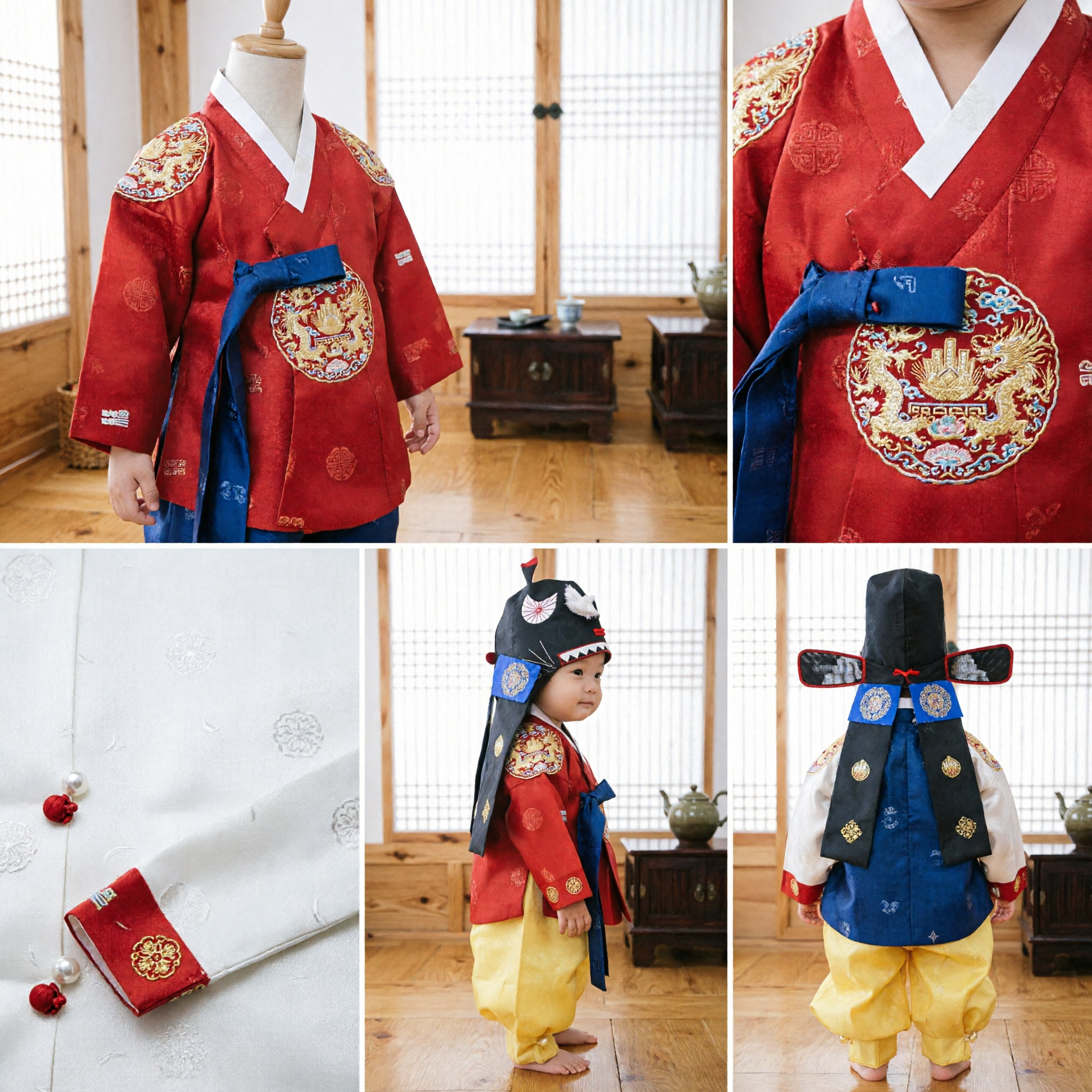Hanbok Tradicional para Bebê Menino Coreano para Celebração do Primeiro Aniversário Doljanchi Casaco Vermelho Calças Amarelas - Asian Costume