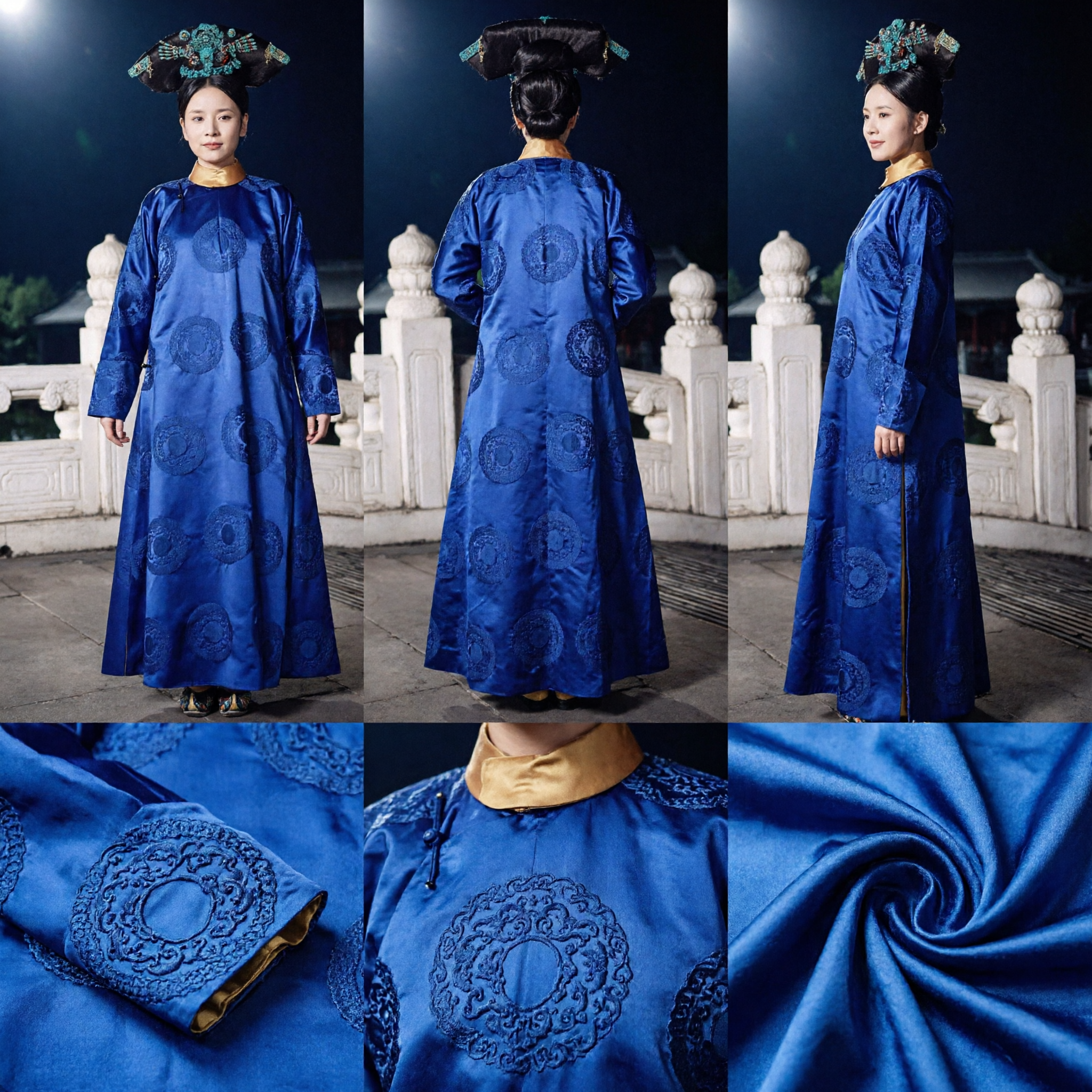 Costume tradizionale cinese della nobildonna Manciù della dinastia Qing, veste blu e copricapo ornamentale, set completo per donne - Asian Costume