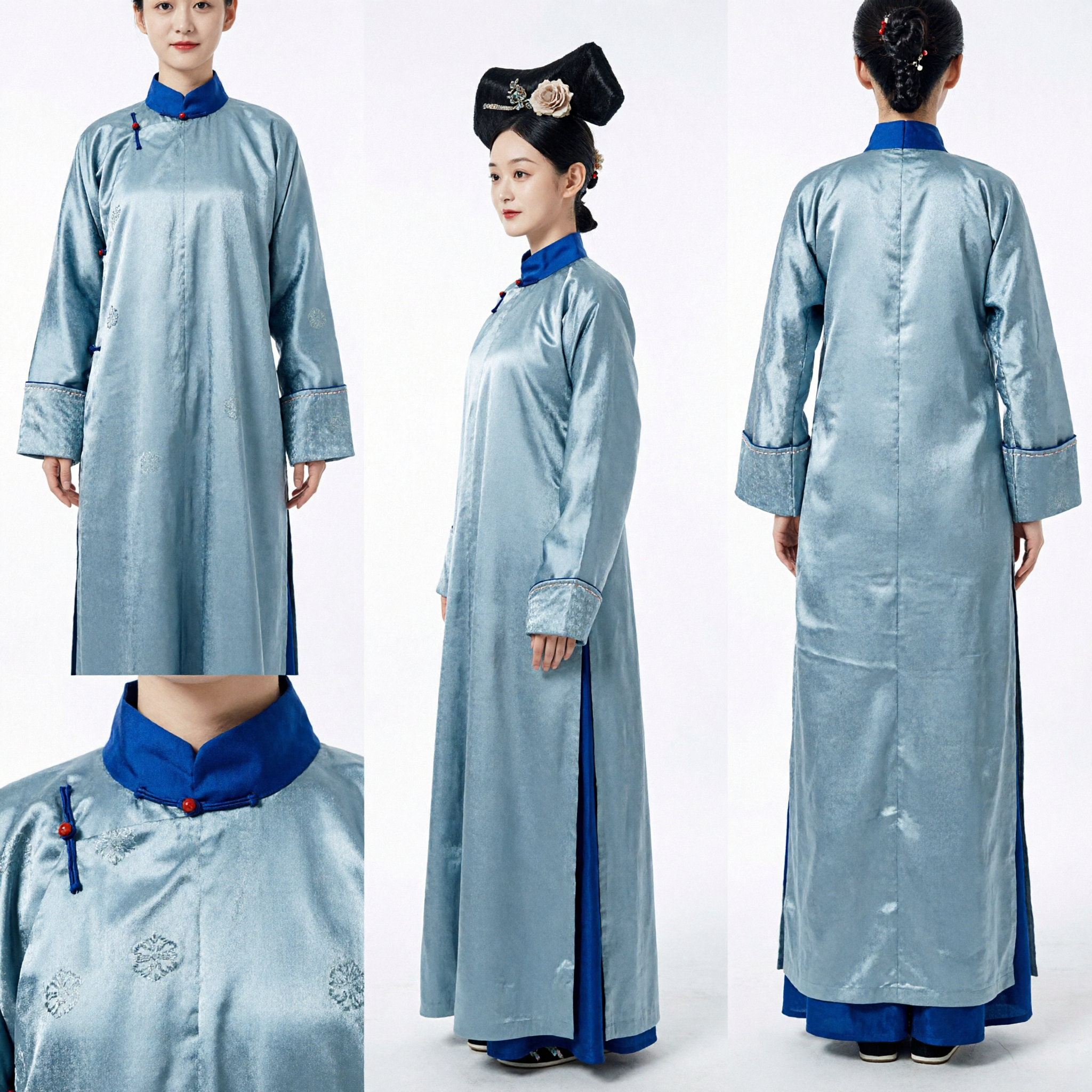 Traditioneel Chinese Qing-dynastie Edelvrouw Kostuum Oud Paleis Dame Blauwe Gewaad en Hoofddeksel Set voor Vrouwen - Asian Costume