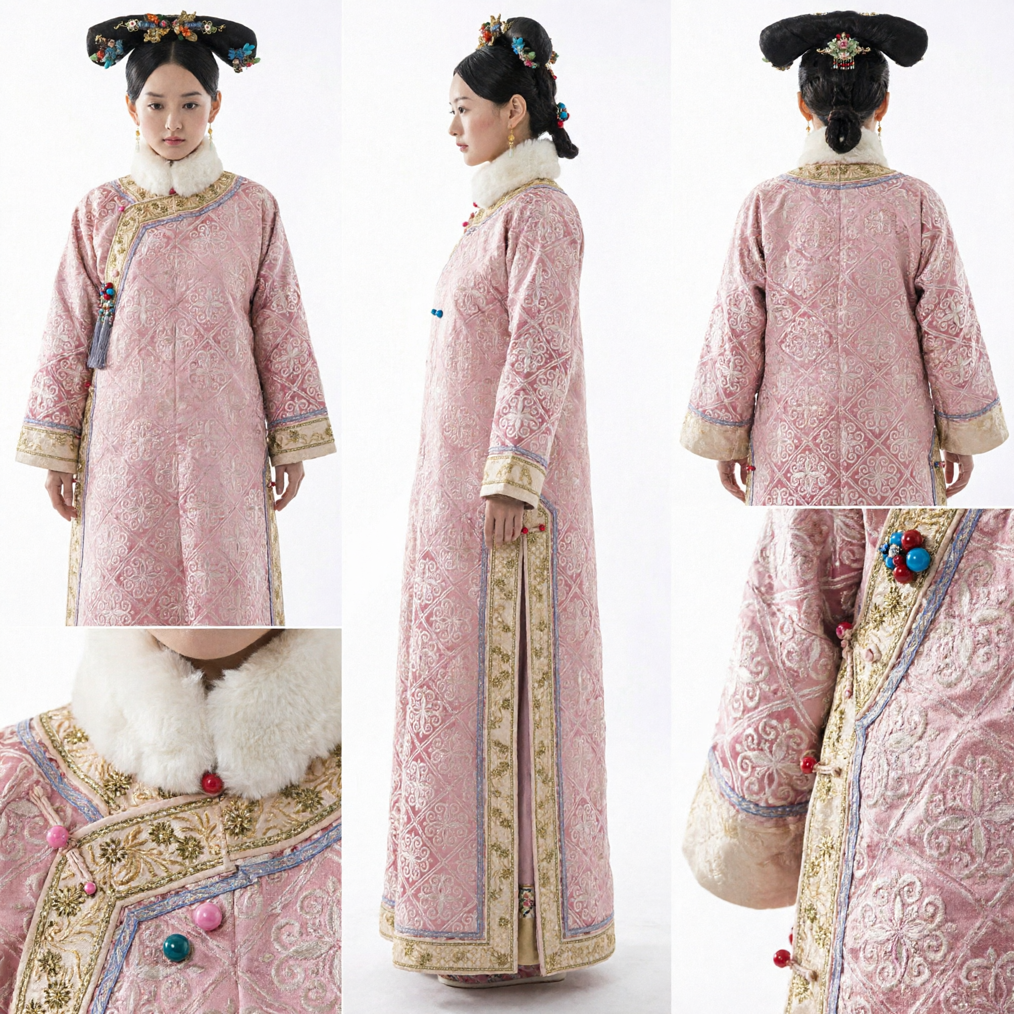 Vrouwen Traditioneel Chinese Qing-dynastie Paleis Kostuum Roze Brokaat Gewaad met Bontkraag voor Historische Cosplay - Asian Costume