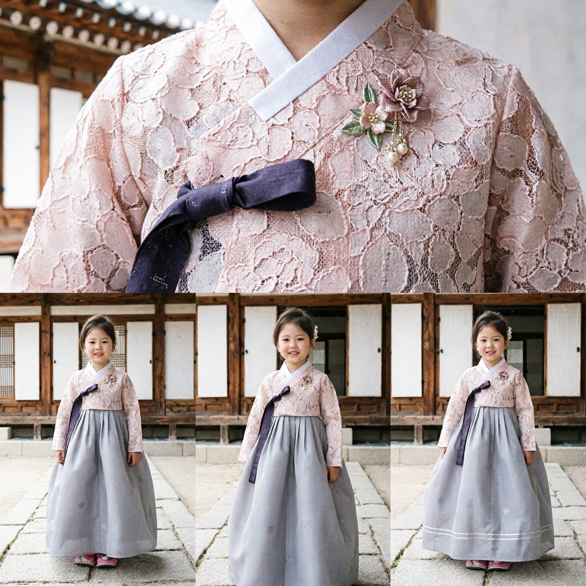 Traditioneel Koreaanse Hanbok voor Meisjes Roze Kant Jeogori Grijze Chima Set voor Bruiloft en Doljanchi - Asian Costume