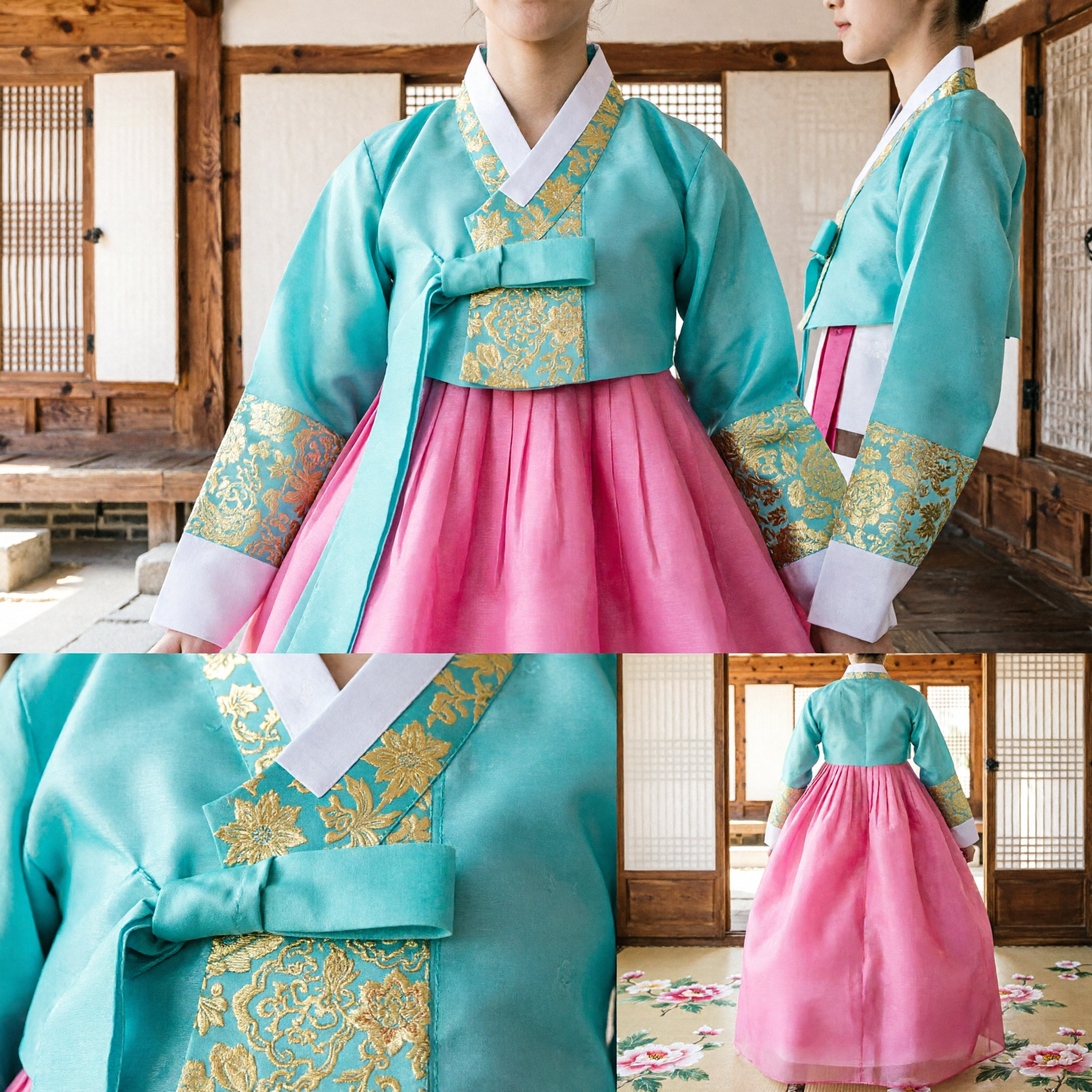 Hanbok Coreano Tradicional para Niñas Vestido Azul y Rosa con Ribete Dorado para Cumpleaños Boda Festival - Asian Costume