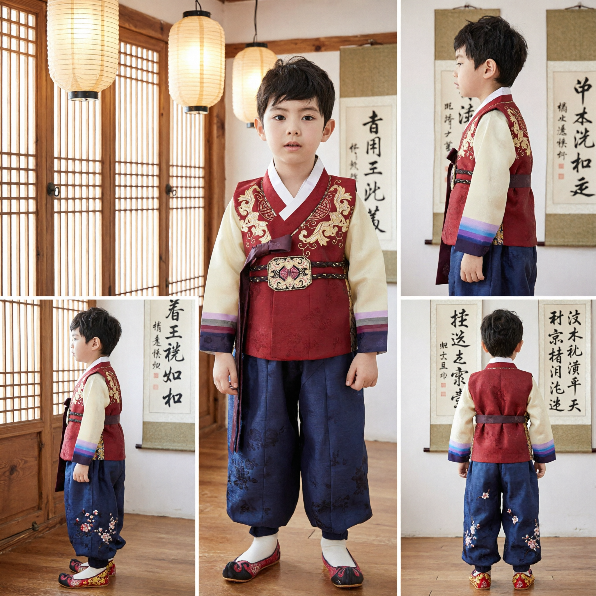 Fantasia de Hanbok Coreano Tradicional para Meninos Conjunto Colete Vermelho Bordado e Calças Azuis para Celebração do Aniversário Dol - Asian Costume