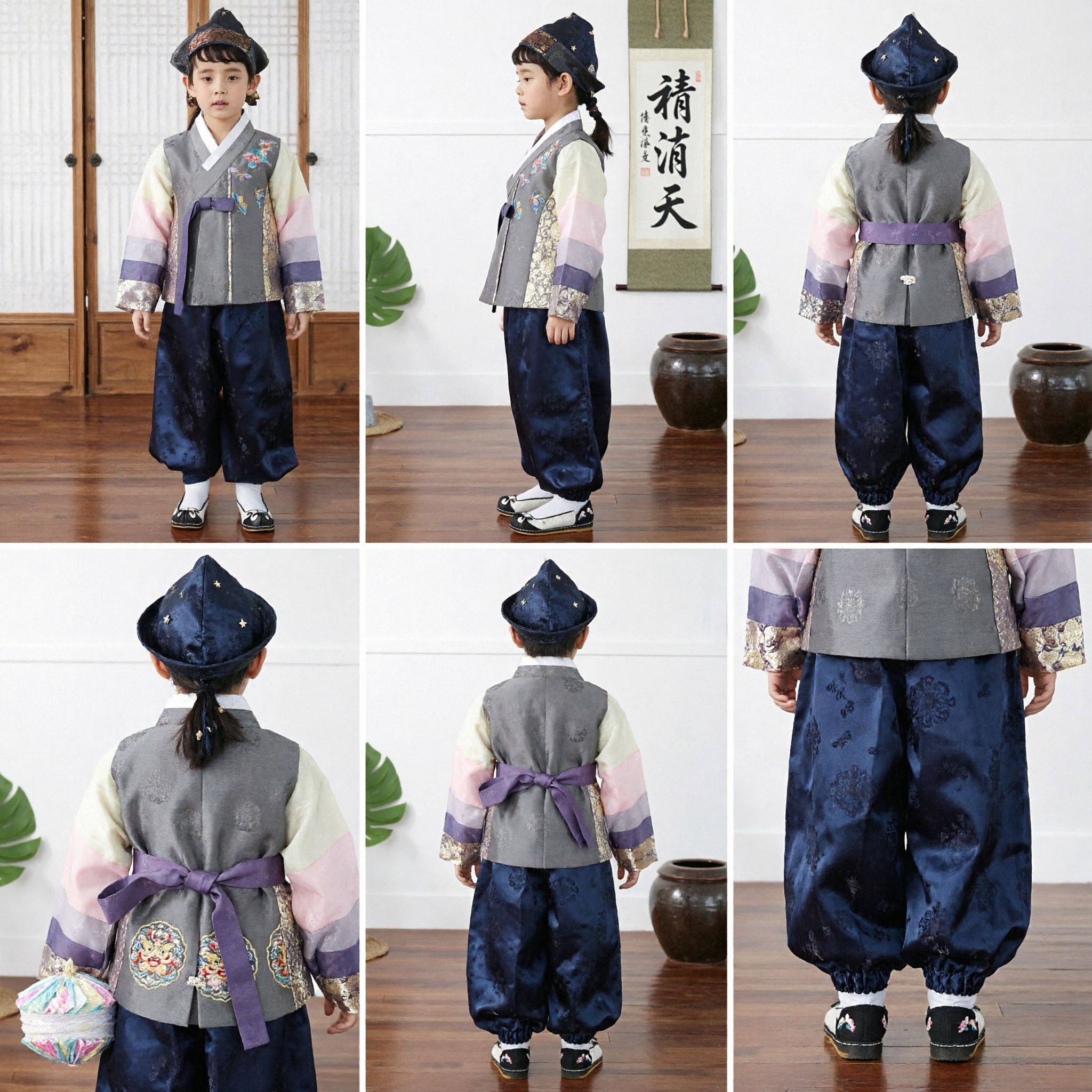 Hanbok Tradicional Coreano para Meninos Colete Cinza Bordado Calças Azul Marinho Fantasia Formal para Doljanchi - Asian Costume