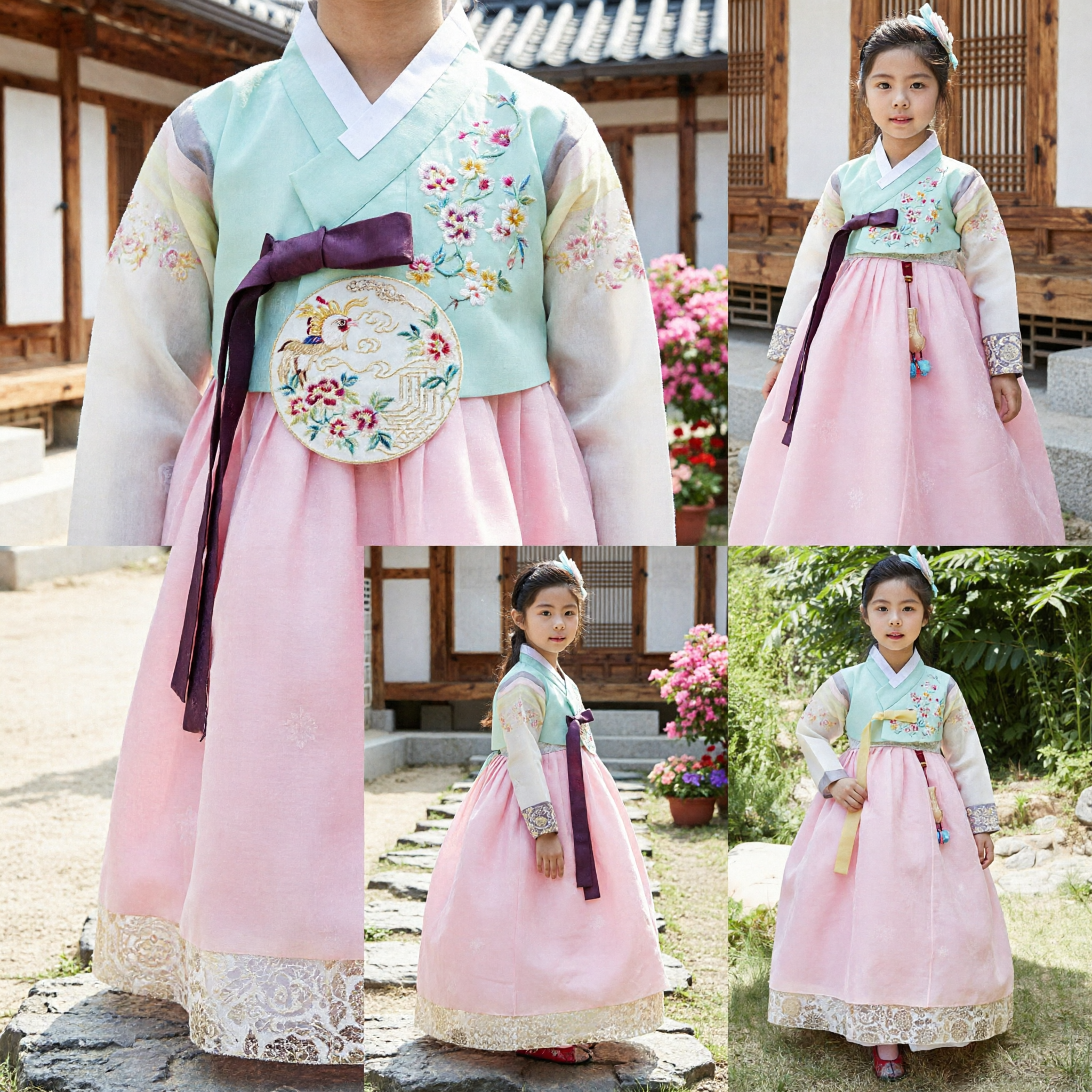 Kinderen Meisjes Traditioneel Koreaanse Hanbok Kostuum Roze Rok Mintgroene Top Geborduurde Feestjurk - Asian Costume