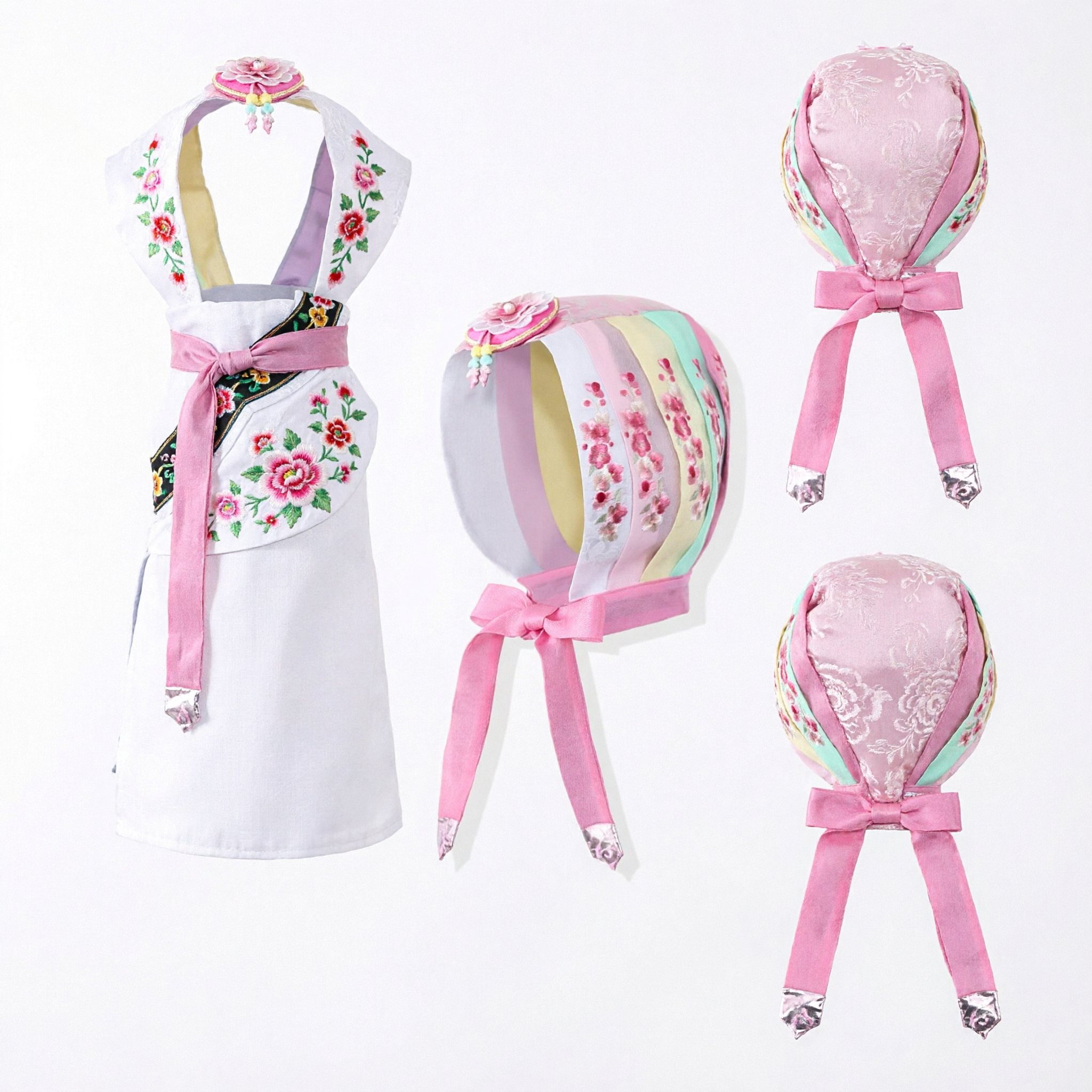 Copricapo Hanfu tradizionale cinese cappello a cuffia ricamato floreale rosa per costume antico per bambini ragazze - Asian Costume