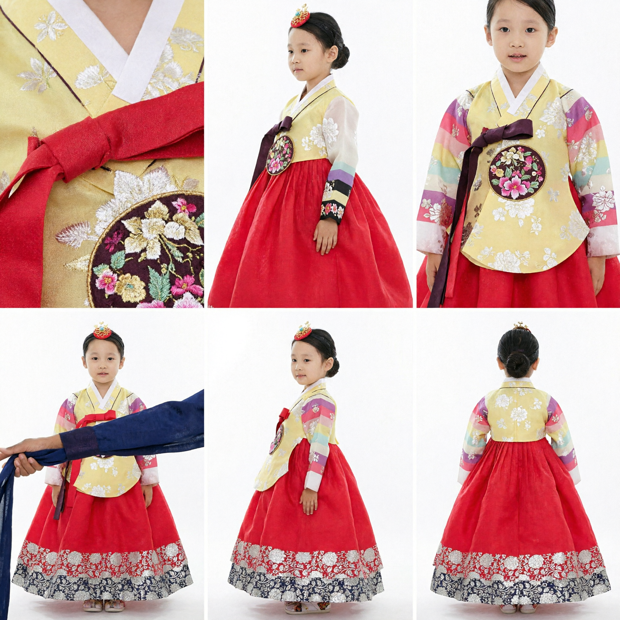 Hanbok tradizionale coreano per ragazze jeogori arcobaleno giallo gonna rossa ricamato costume festival per bambini - Asian Costume