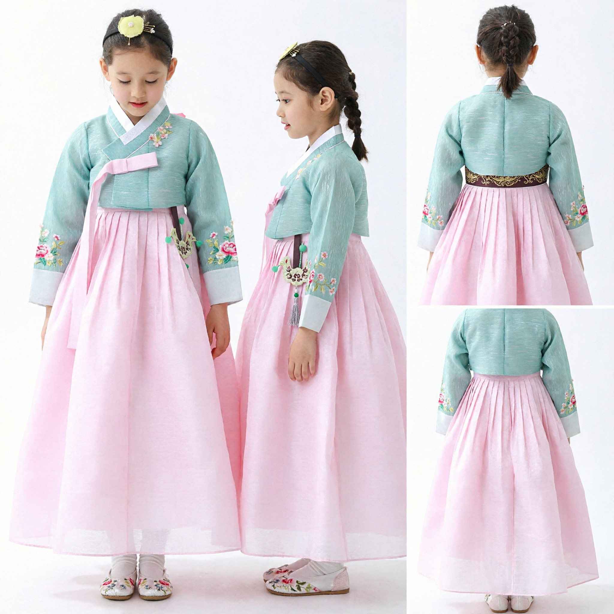 Hanbok tradizionale coreano per ragazze bambini abito cerimoniale jeogori azzurro chima rosa costume per feste - Asian Costume
