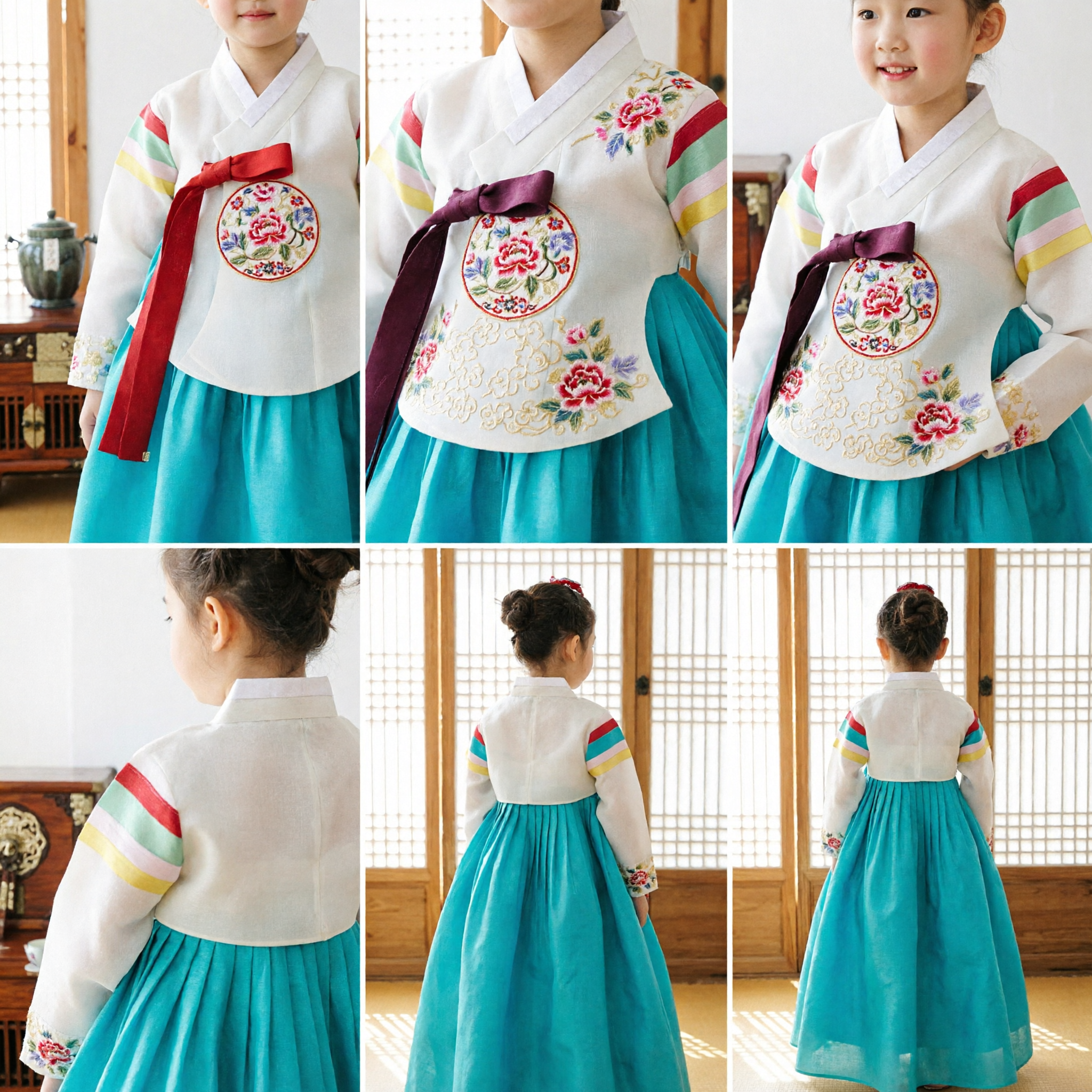 Kinder Mädchen Traditionelles Koreanisches Hanbok-Kleid Türkis Rock Weißes Top Bunte Schleife Festival Geburtstag Kostüm - Asian Costume