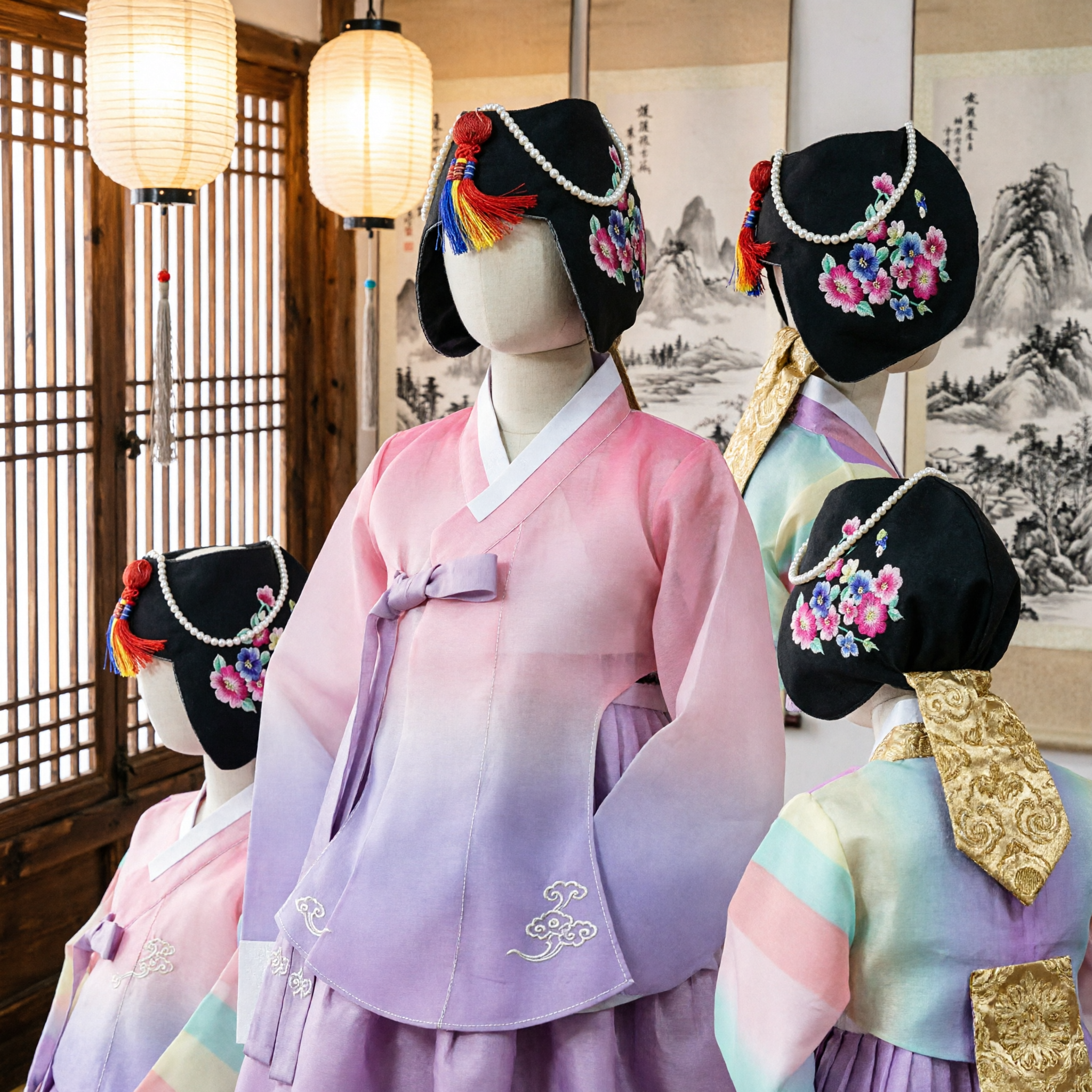 Традиционный корейский головной убор Ханбок: черная бархатная шляпа с цветочной вышивкой, жемчугом и кистями для женщин - Asian Costume