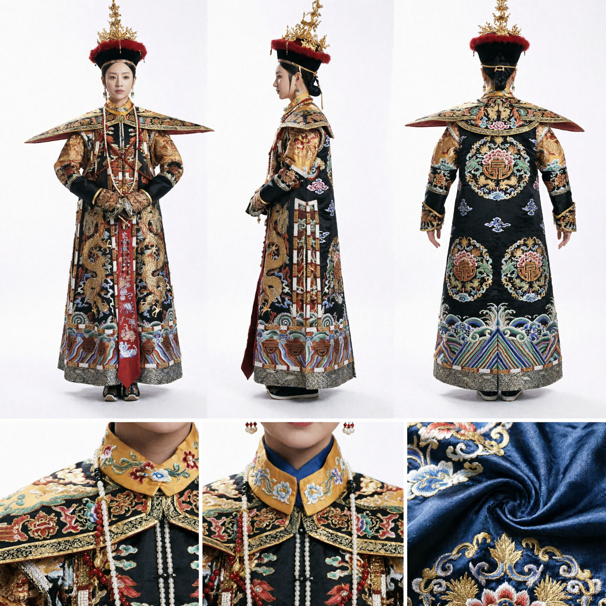 Traditionele Qing Dynastie Keizerin Chao Fu Hofgewaad Deluxe Goud Geborduurde Drakenkostuum voor Vrouwen Cosplay - Asian Costume