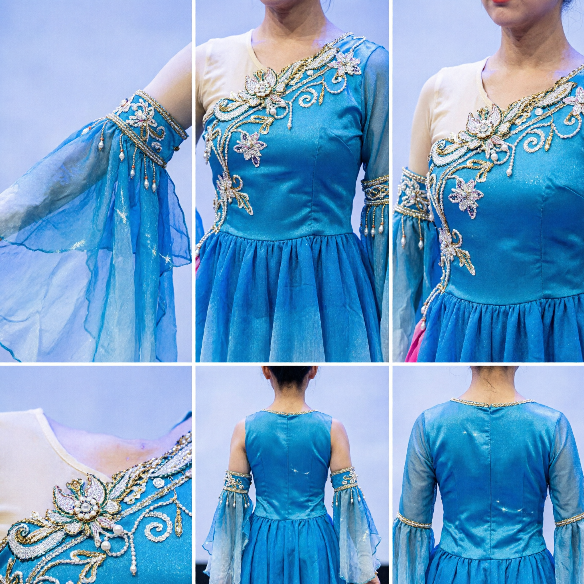 Fantasia Azul de Dança Folclórica Chinesa para Mulheres Vestido com Lantejoulas para Performance em Palco e Competição de Dança em Grupo - Asian Costume