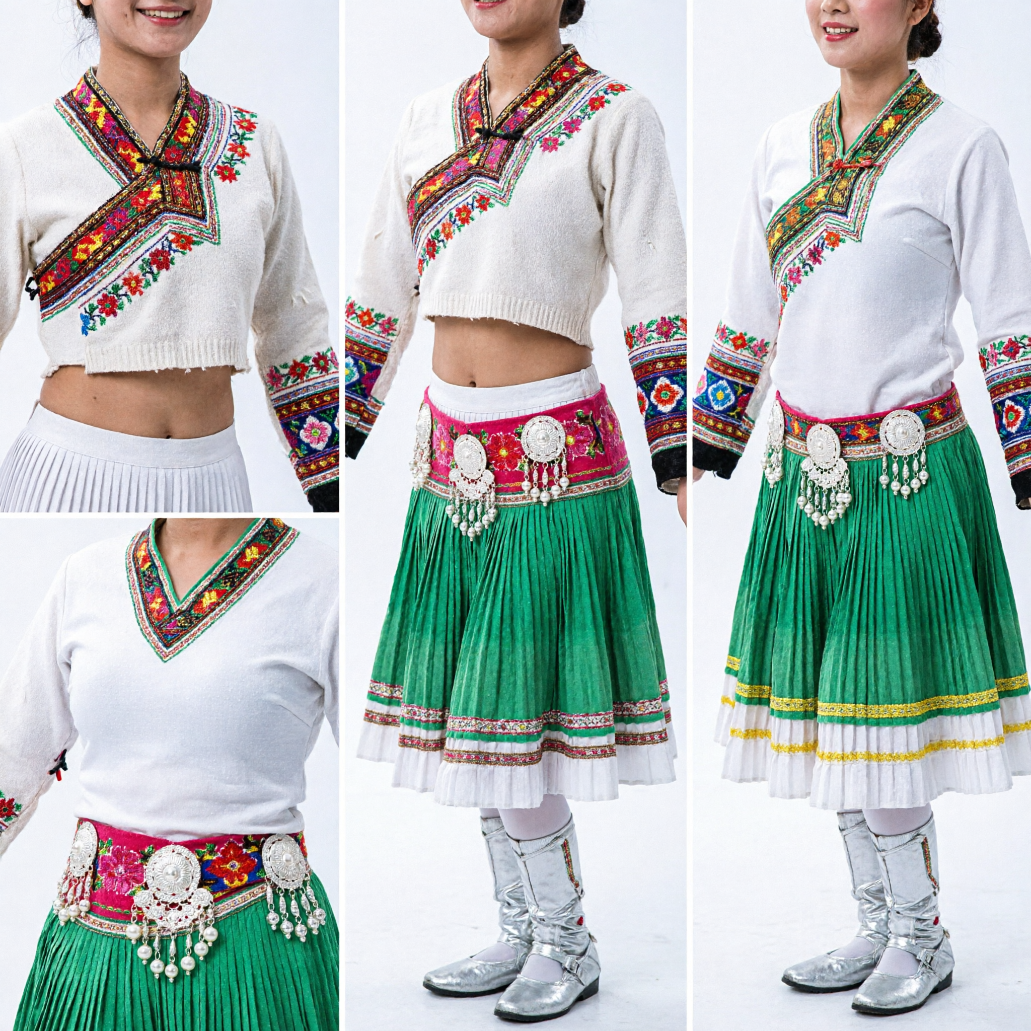 Traje Tradicional de Dança Folclórica Tibetana Chinesa para Mulheres Vestido Verde de Manga Longa com Fitas para Performance no Palco - Asian Costume