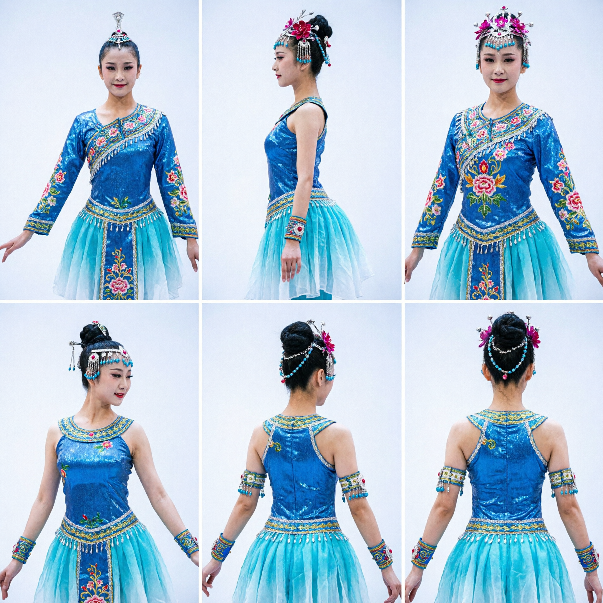 Conjunto Elegante de Traje de Dança Clássica Chinesa Azul Vestido para Performance em Grupo no Palco com Adereço de Cabeça para Mulheres - Asian Costume