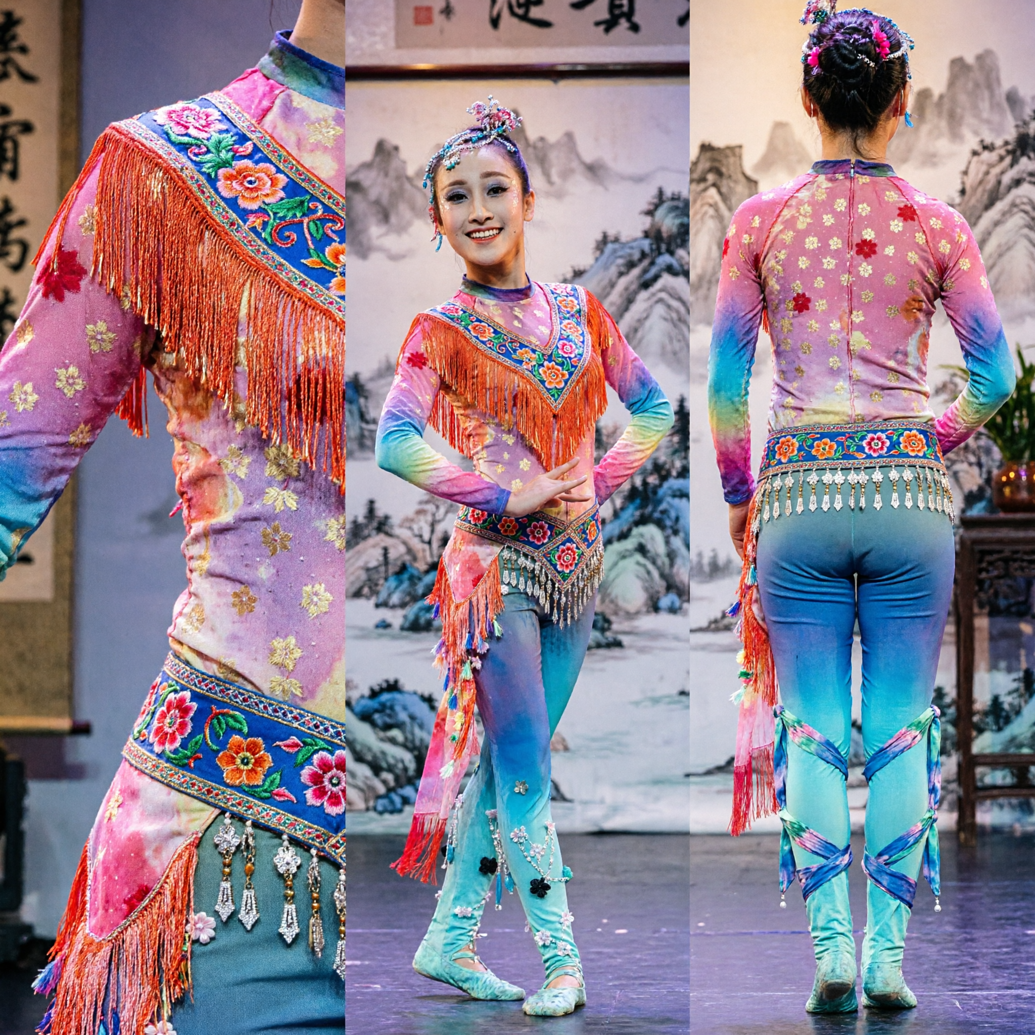 Traje Profesional de Danza China para Niñas, Leotardo de Volantes con Degradé de Colores, Atuendo Étnico para Escenario - Asian Costume