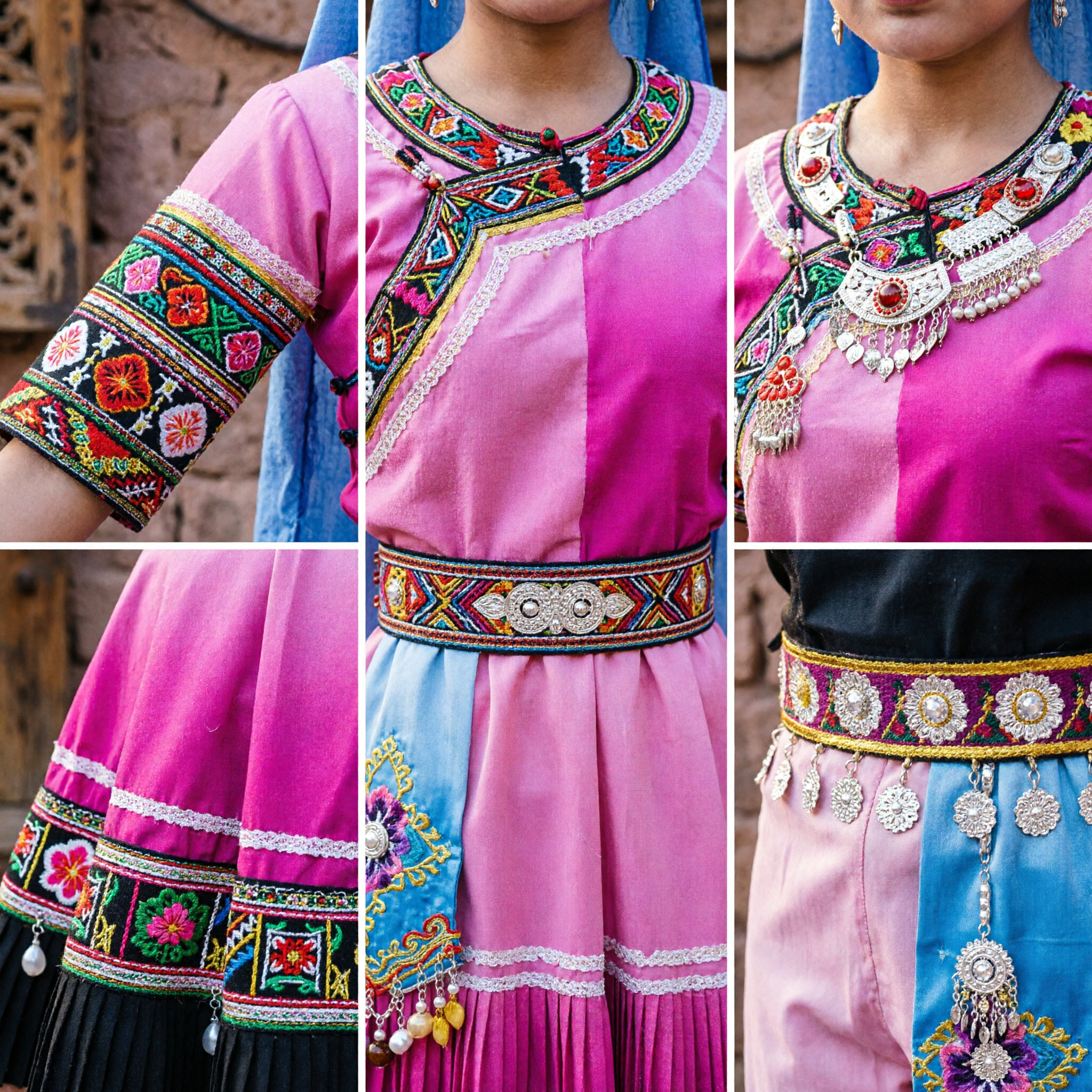 Traje Tradicional de Dança Folclórica Chinesa para Meninas Top e Saia Rosa com Lantejoulas para Performance no Palco - Asian Costume