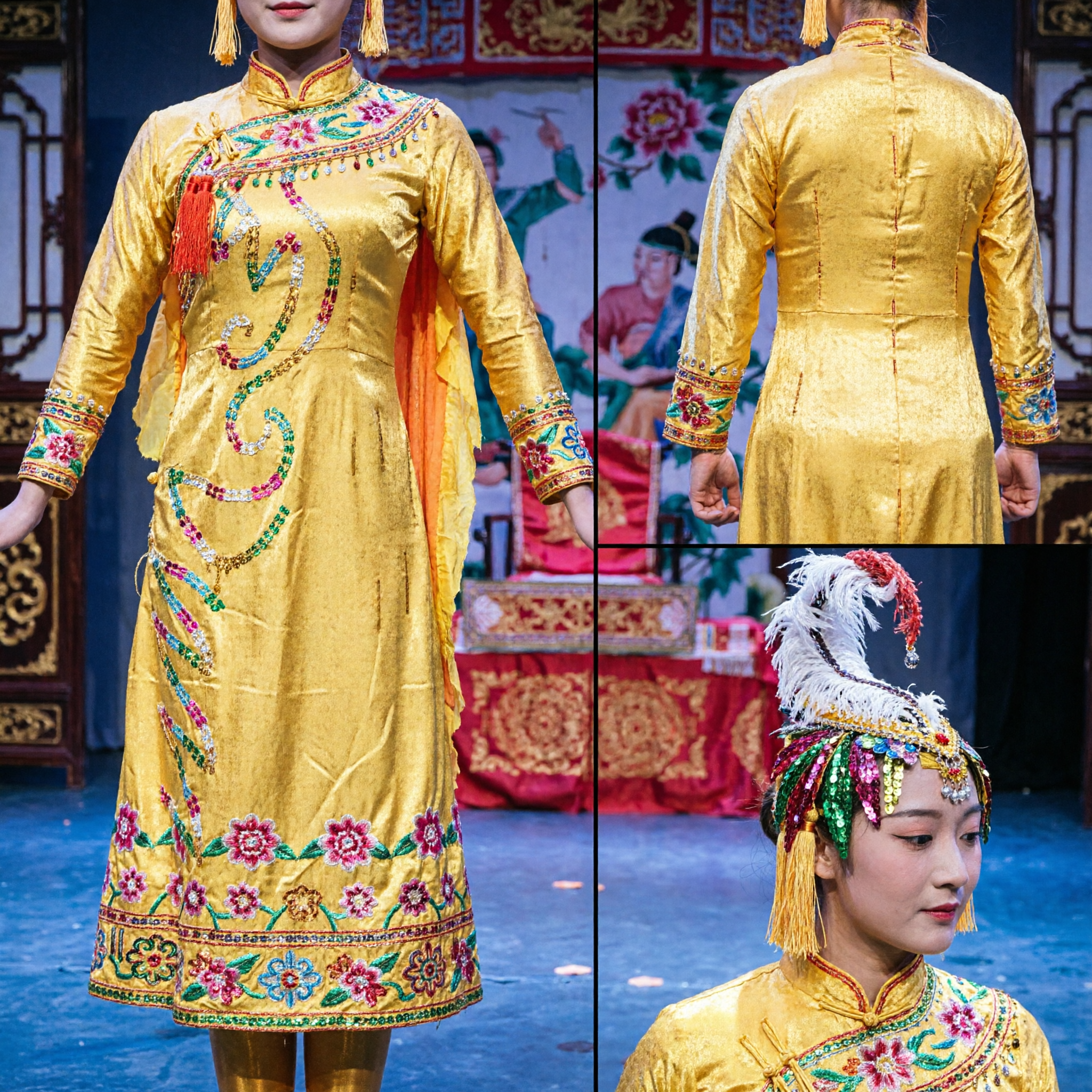 Costume de danse folklorique chinoise traditionnel jaune professionnel pour femmes - Robe de scène à paillettes avec coiffe - Asian Costume