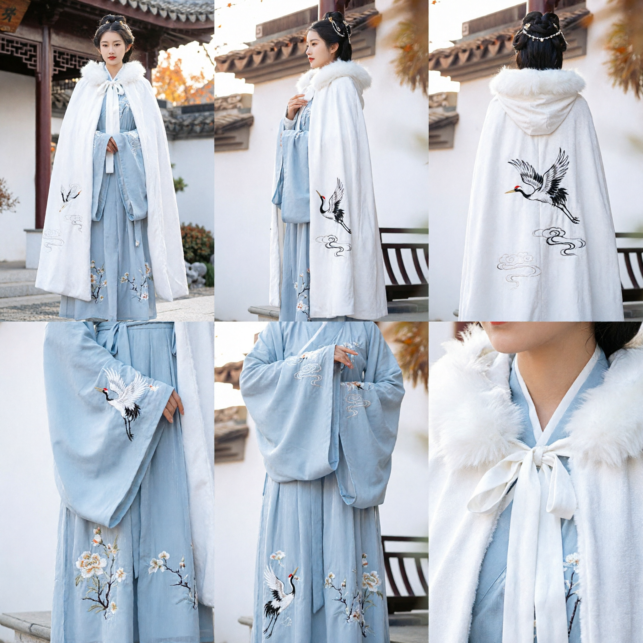 Antigo Manto de Inverno Hanfu Chinês com Gola de Pele Branca e Cape Bordada Traje Tradicional para Mulheres - Asian Costume