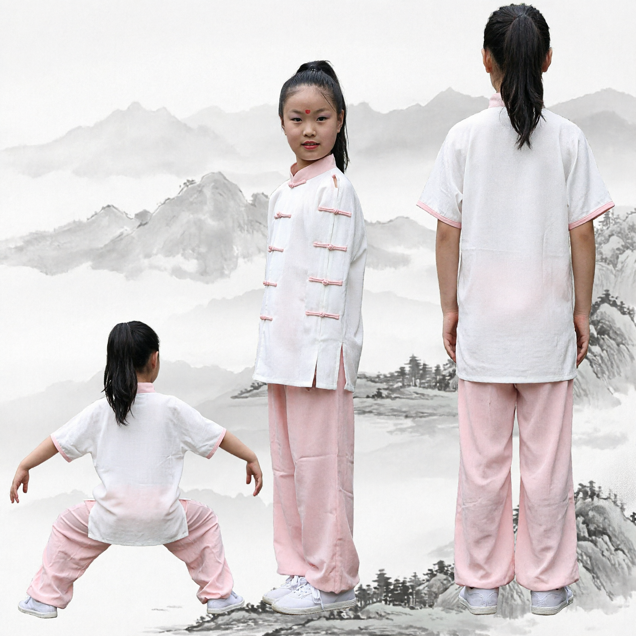 Uniforme Tradicional de Kung Fu Chino para Niñas, Conjunto de Traje de Artes Marciales Tai Chi Rosa y Blanco - Asian Costume