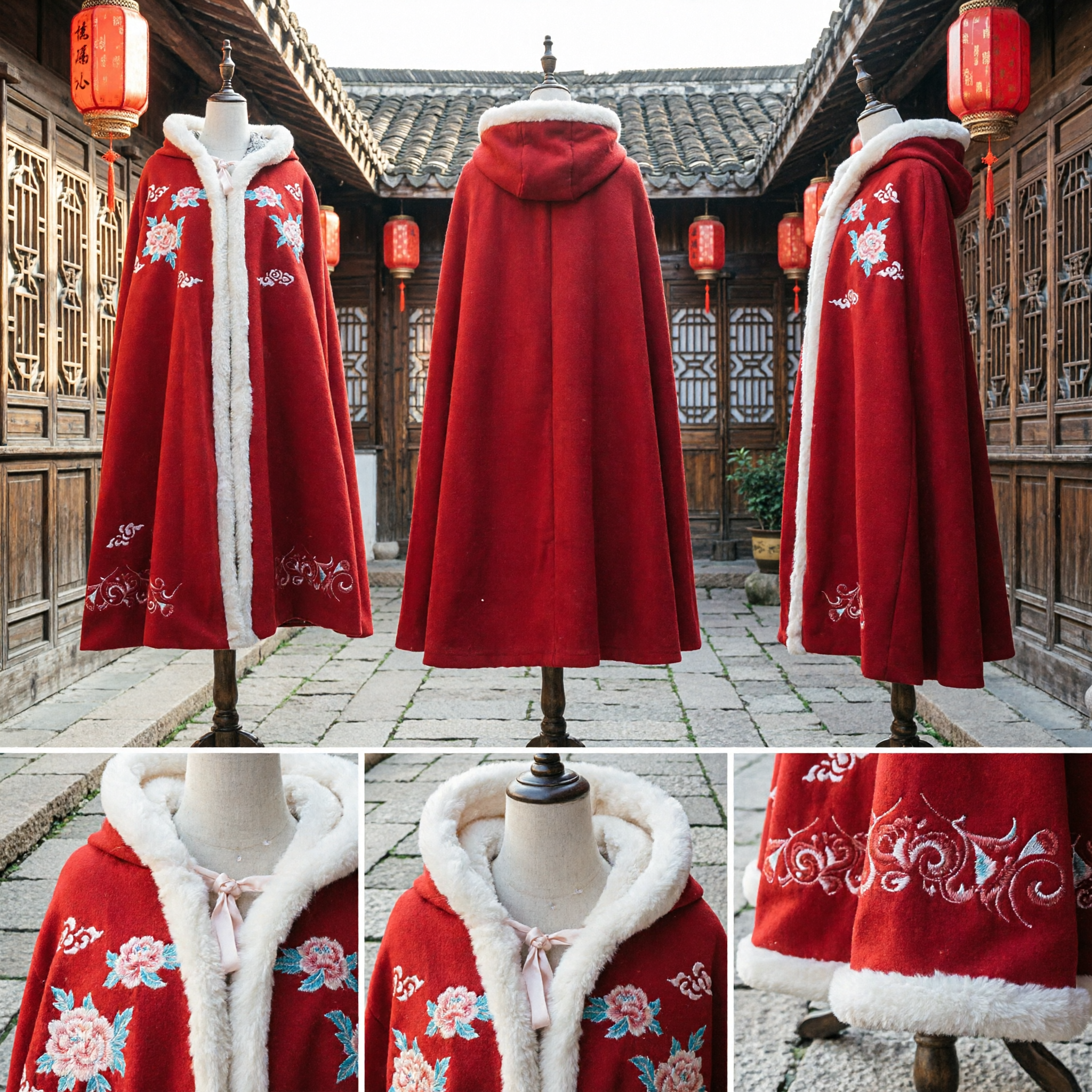 Traditionele Chinese Rode Wollen Mantel met Witte Bontafzetting en Bloemenborduursel Hanfu Winter Bovenkleding voor Vrouwen - Asian Costume