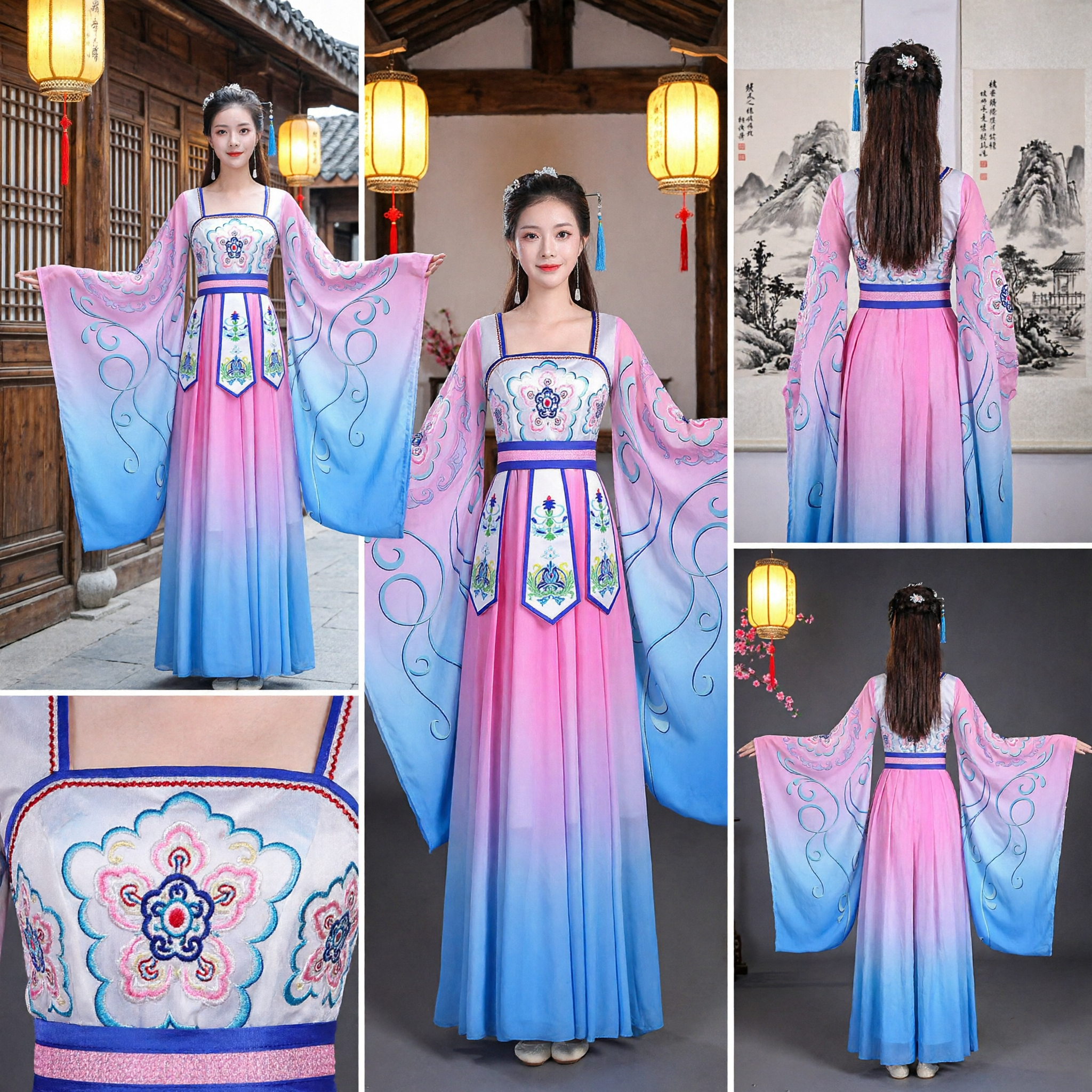 Elegantes antikes chinesisches Hanfu-Rosa-Blau verlaufendes Feenkleid für traditionellen Tanz Bühnenauftritt - Asian Costume