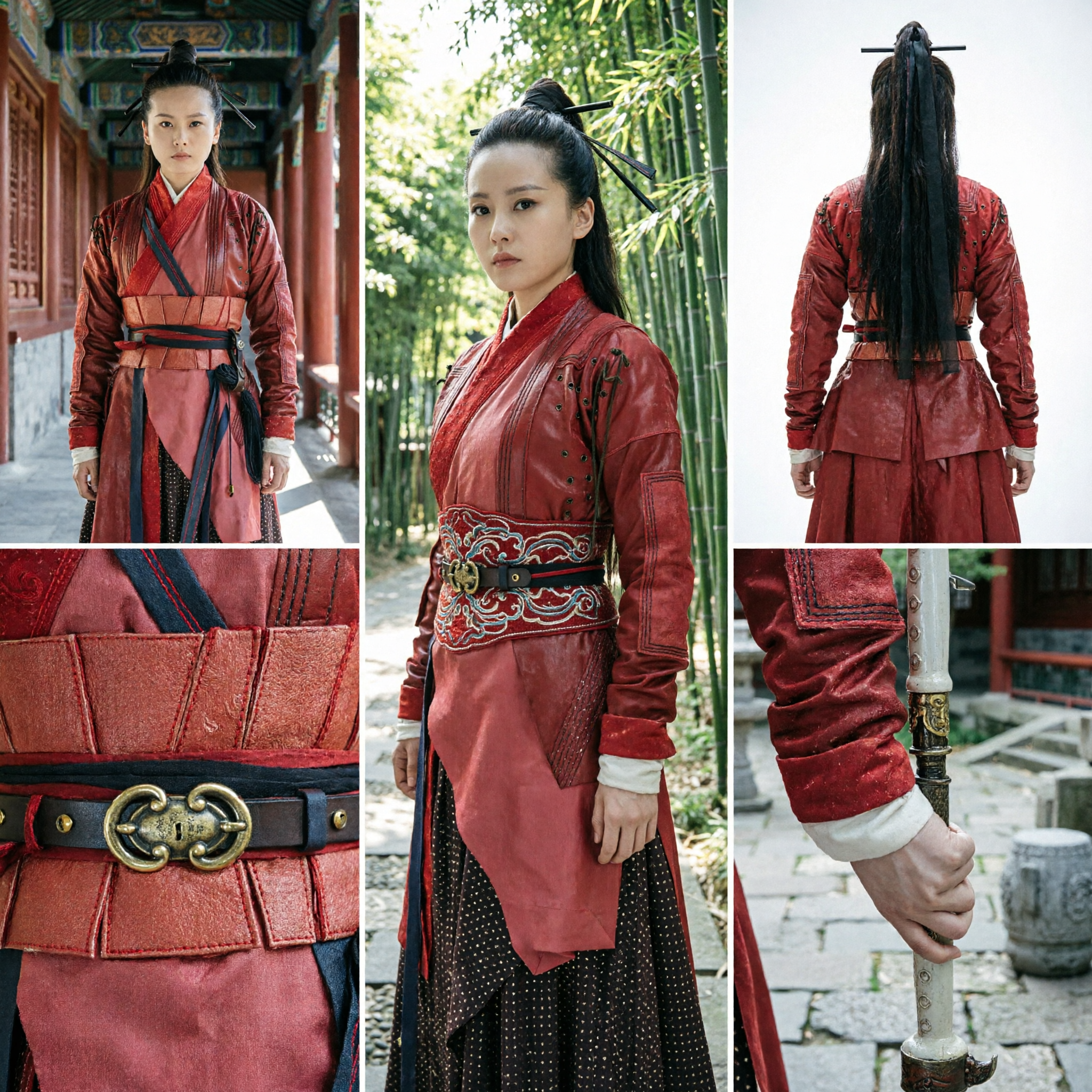 Antikes chinesisches Wuxia-Kampfkunst-Schwertkämpferin-Rotes Leder-Cosplay-Kostüm-Set für Frauen - Asian Costume