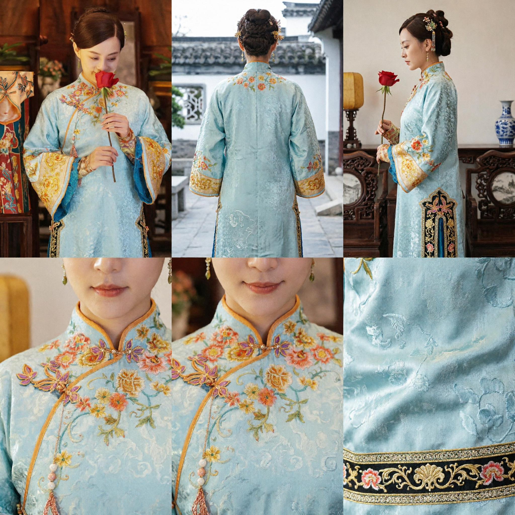 Traditionelles chinesisches Qing-Dynastie-Manchu-Roben-Hellblaues besticktes antikes Adelsdamenkostüm für Frauen TV-Serie Cosplay - Asian Costume