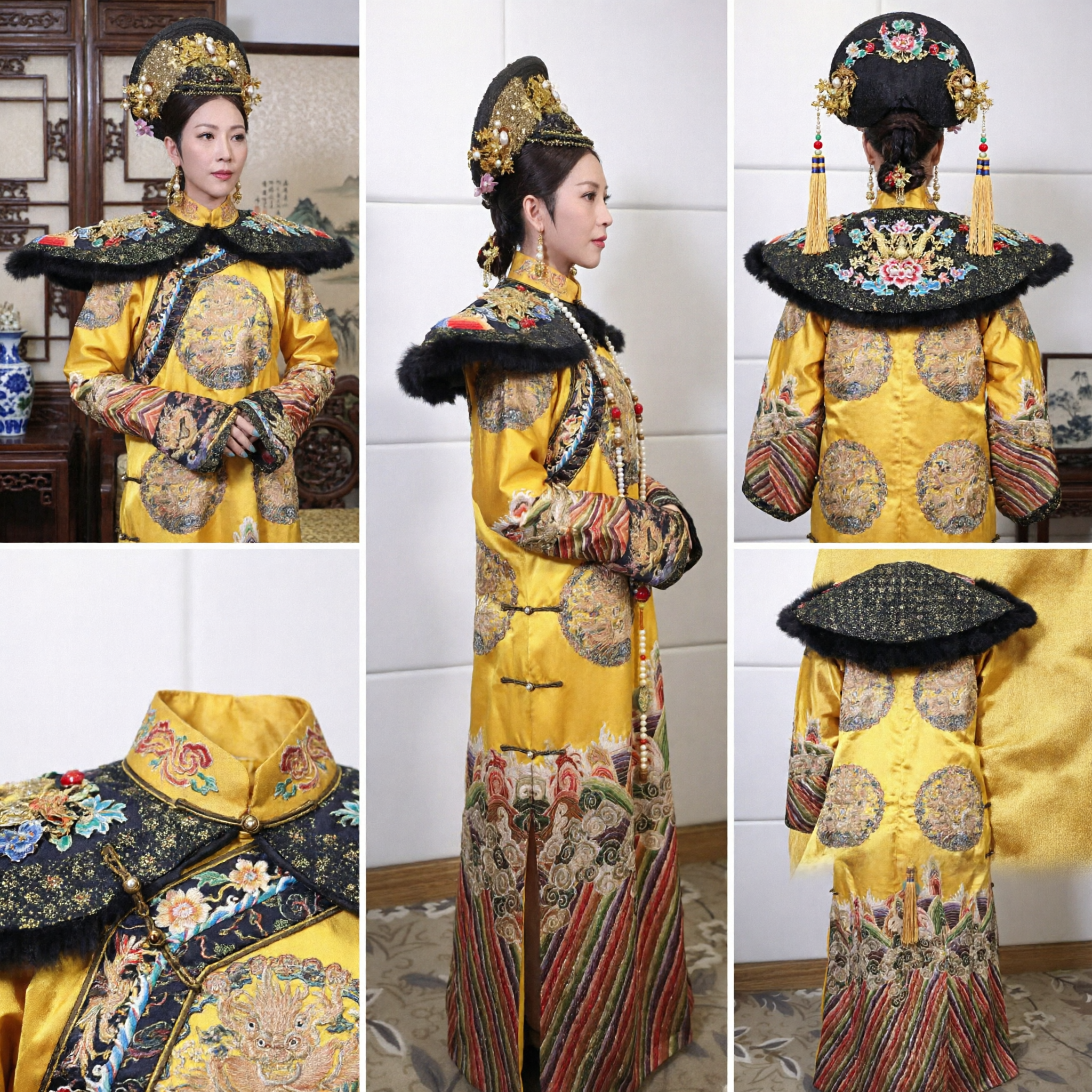 Veste del Drago Giallo da Imperatrice della Dinastia Qing Cinese Tradizionale Set Completo con Copricapo per Donne - Asian Costume