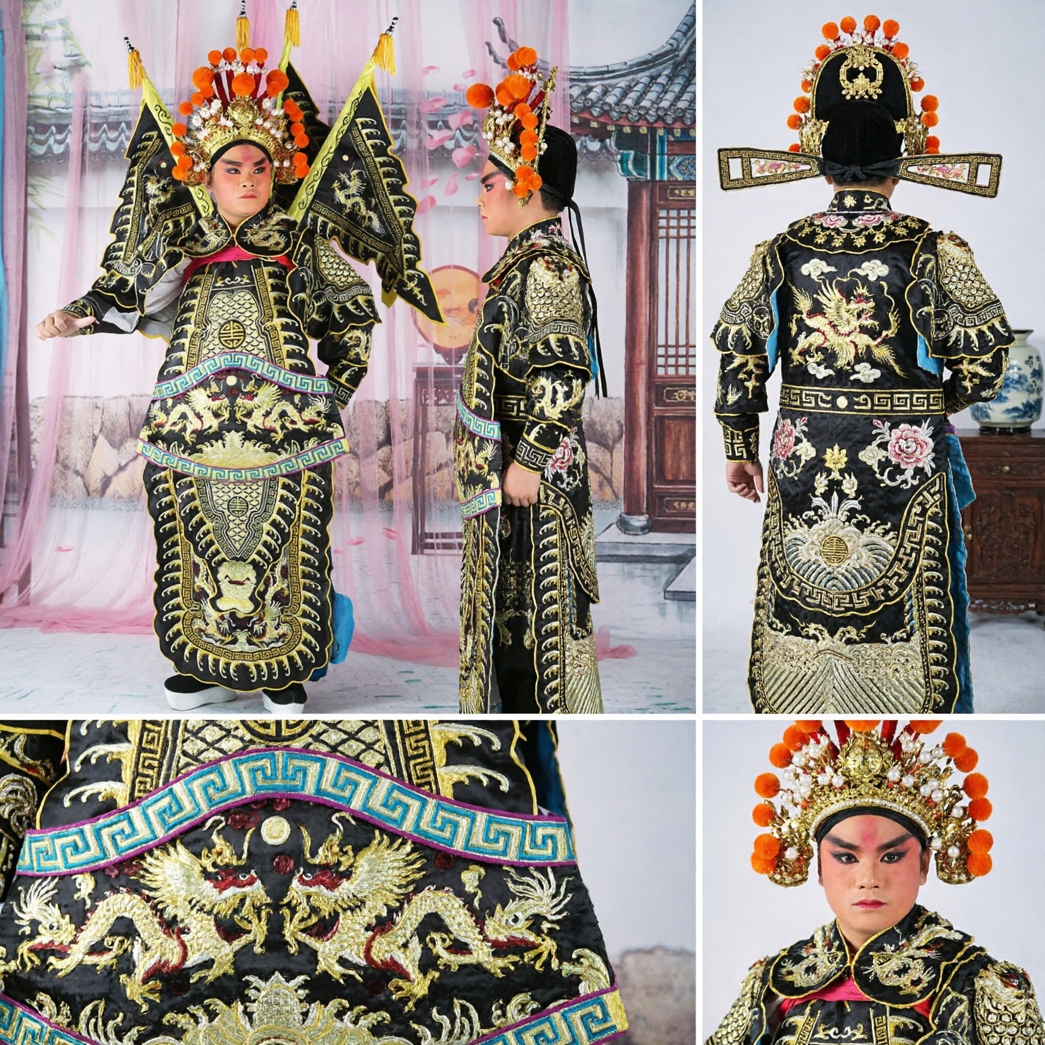 Tradycyjny Chiński Strój do Opery Pekińskiej Zbroja Generała Czarny Haftowany Smok Komplet na Występ Sceniczny Roli Wusheng - Asian Costume