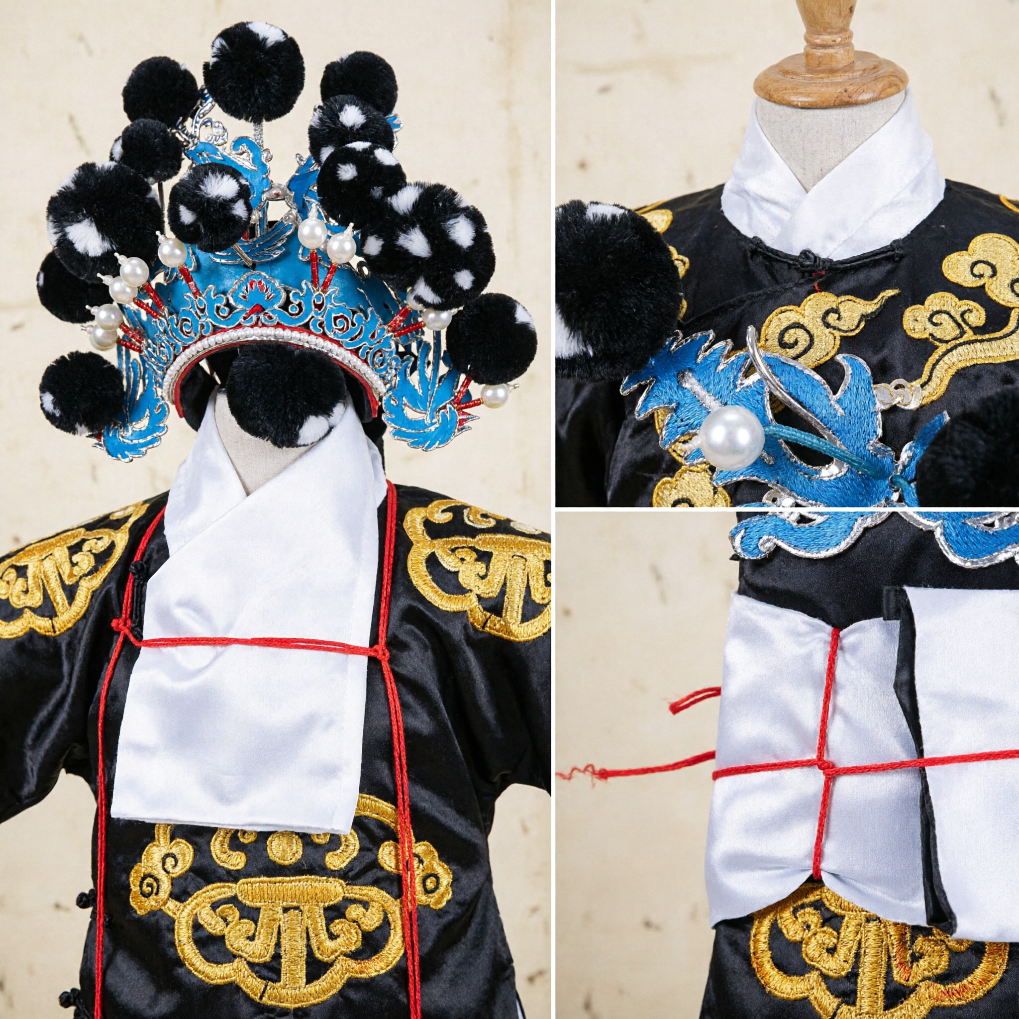 Traditionelles chinesisches Peking-Oper-Kopfschmuck-Blau besticktes schwarzes Puschel-Kopfstück für Hanfu Bühnenauftritt - Asian Costume
