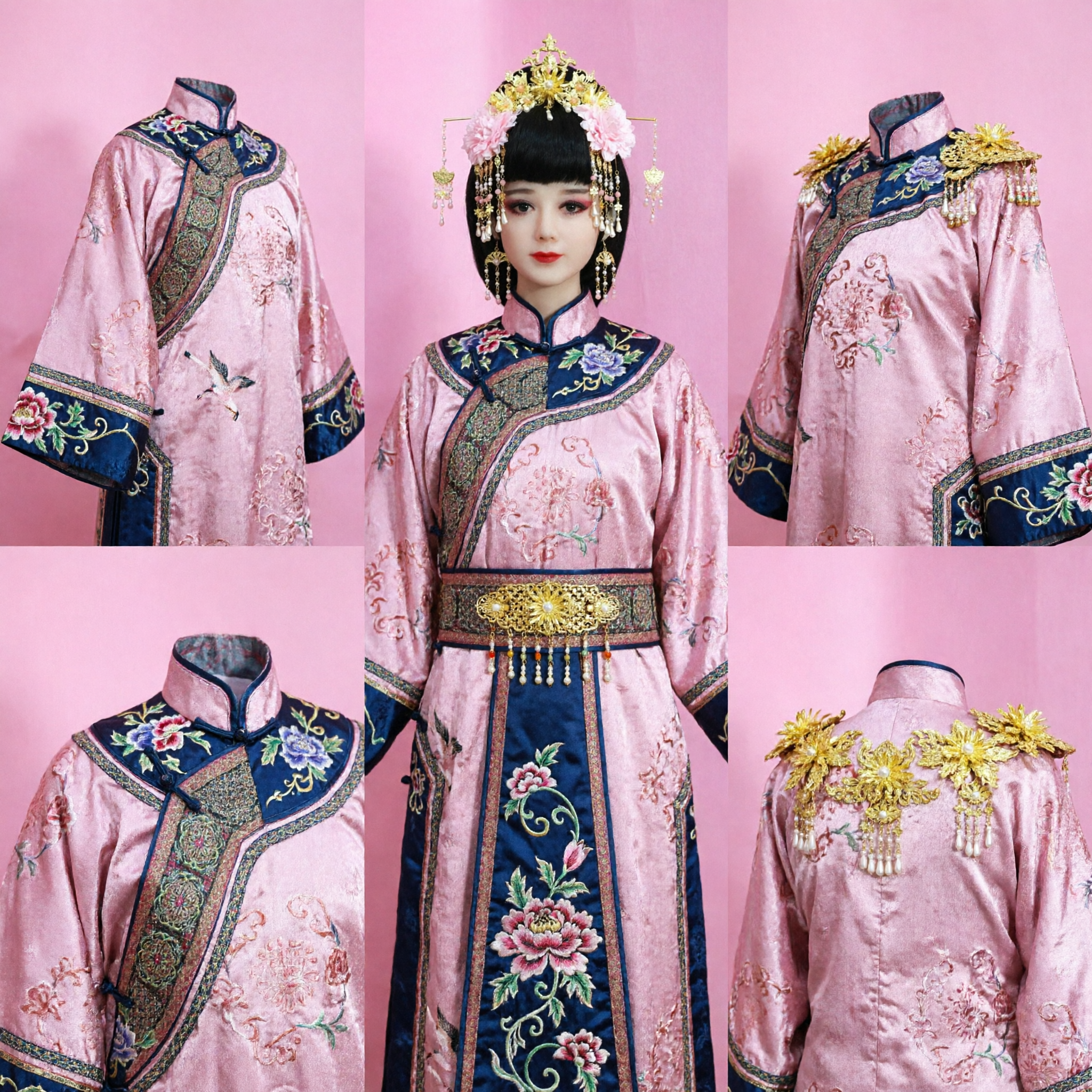 Ensemble d'Accessoires de Coiffure Hanfu Ancien Chinois Or et Rose Headdress à Fleurs Épingles à Cheveux à Pampilles pour Femmes pour Mariage et Cosplay - Asian Costume