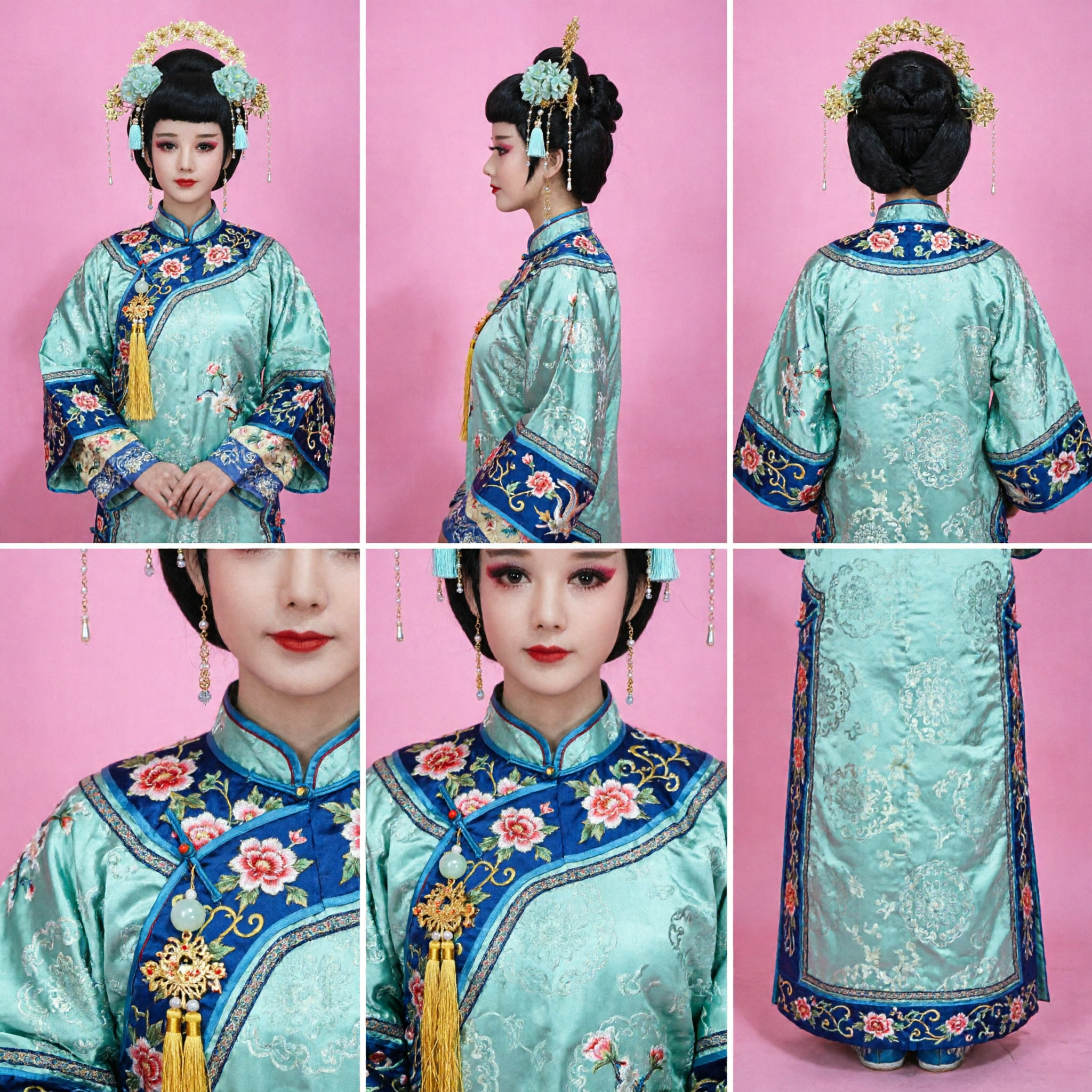 Conjunto de Peruca de Princesa Chinesa Antiga com Diadema Floral Dourado e Borlas Azuis para Cosplay Hanfu - Asian Costume