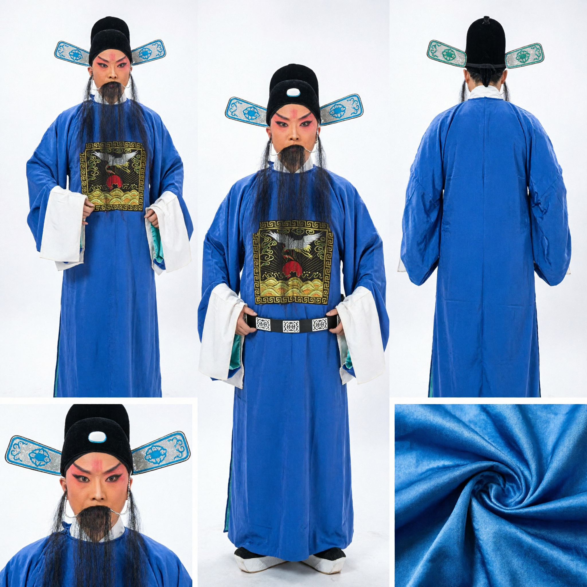 Costume Tradizionale dell'Opera di Pechino Tunica Ufficiale Blu con Distintivo di Grado e Cappello per Ruolo Laosheng - Asian Costume