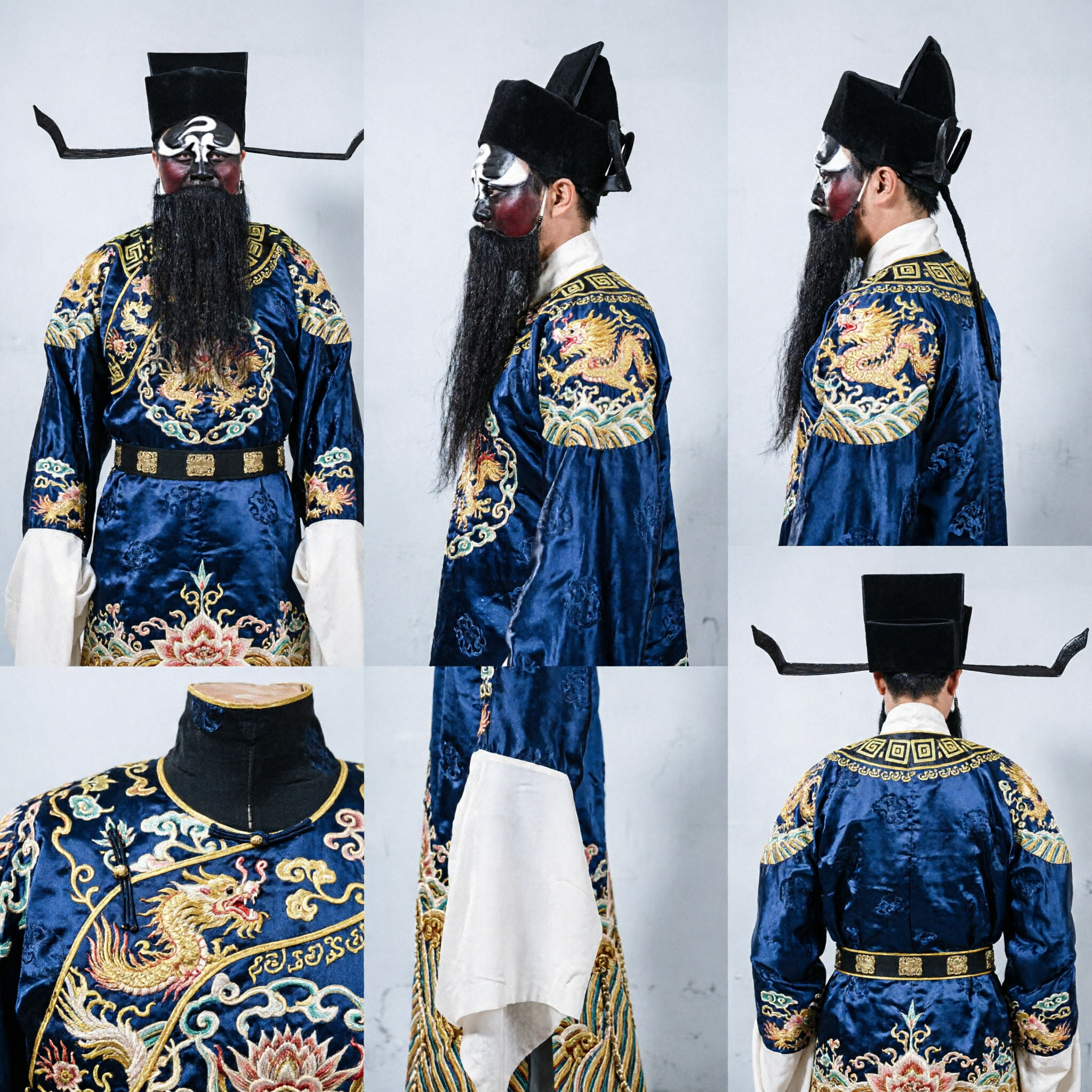 전통 중국 경극 포청천 판관 의상 검은 얼굴 분장과 날개 관모 포함 - Asian Costume