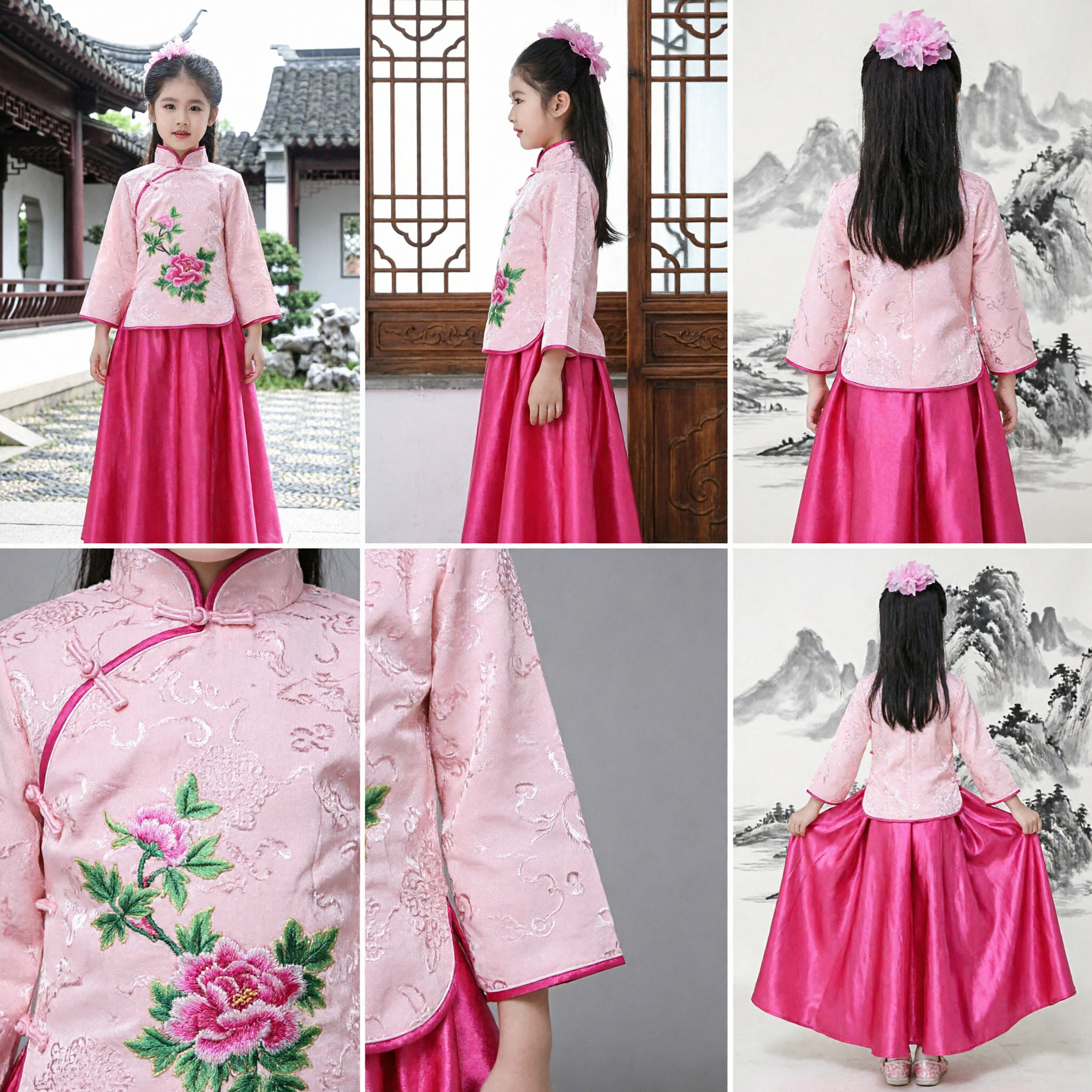 Costume Tradizionale Cinese Rosa per Ragazze, Set Top Tang Suit Ricamato e Gonna Lunga per Esibizioni Festival - Asian Costume
