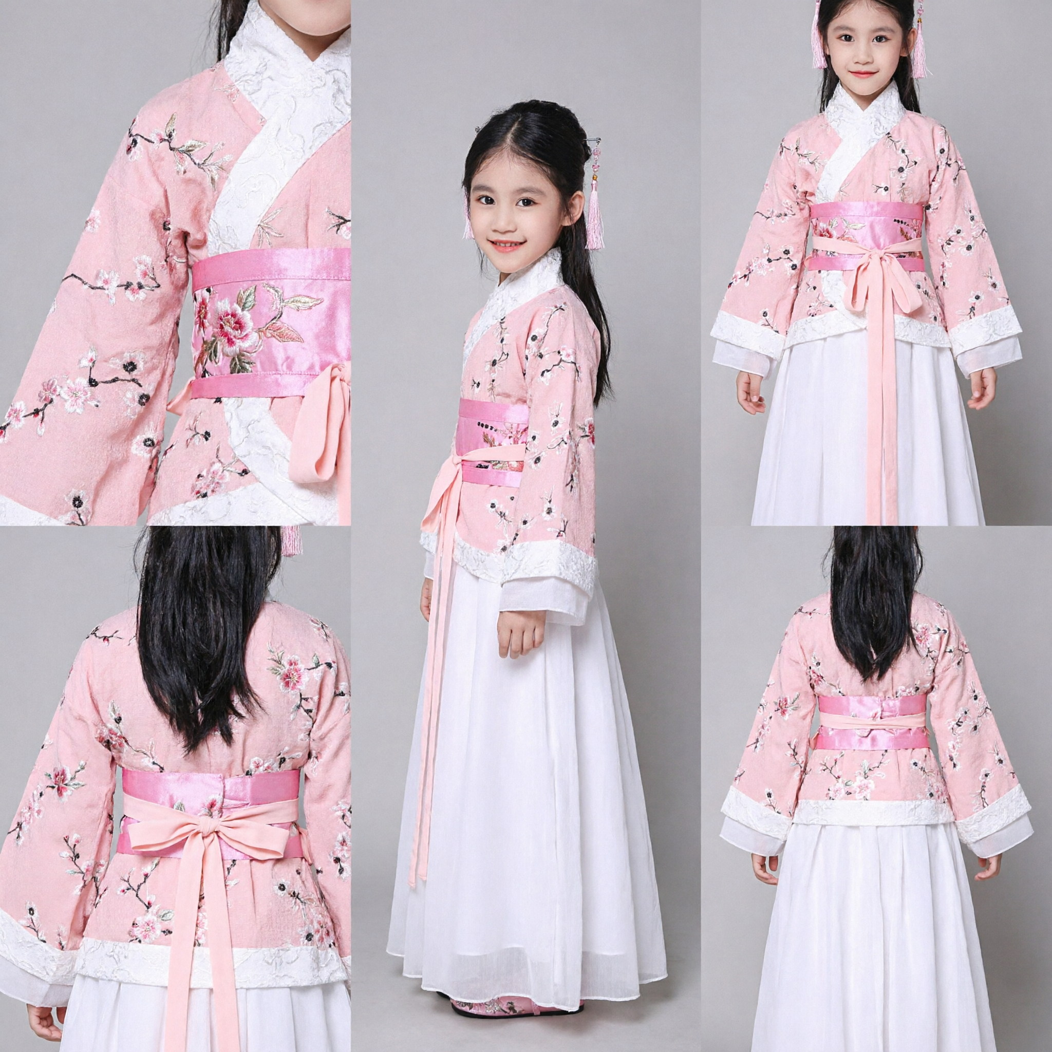 Costume Hanfu Tradizionale Cinese per Ragazze, Abito da Principessa Antico Rosa con Ricamo Floreale per Bambini - Asian Costume