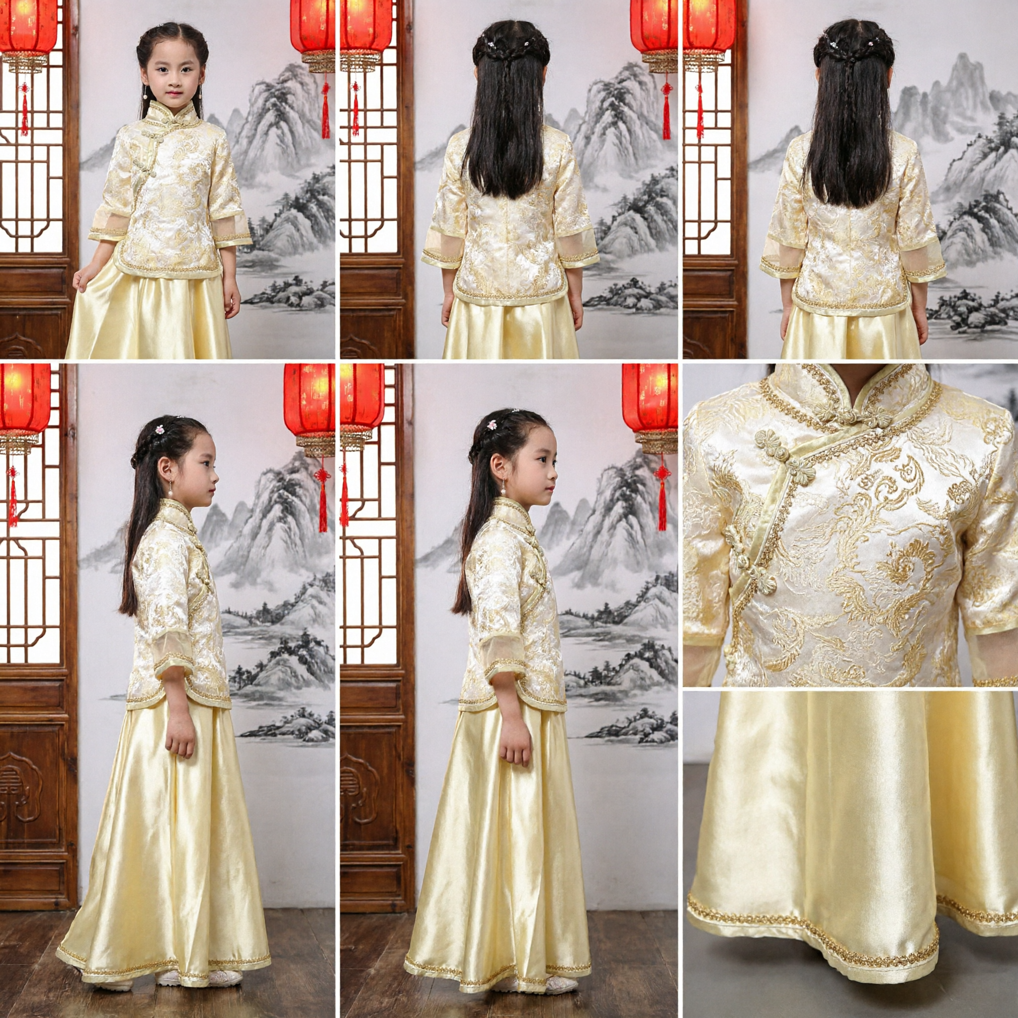 Meisjes Gouden Traditionele Chinese Qipao Jurk Kinderen Cheongsam Tang-pak Twee Delen Set voor Bruiloft Festival - Asian Costume