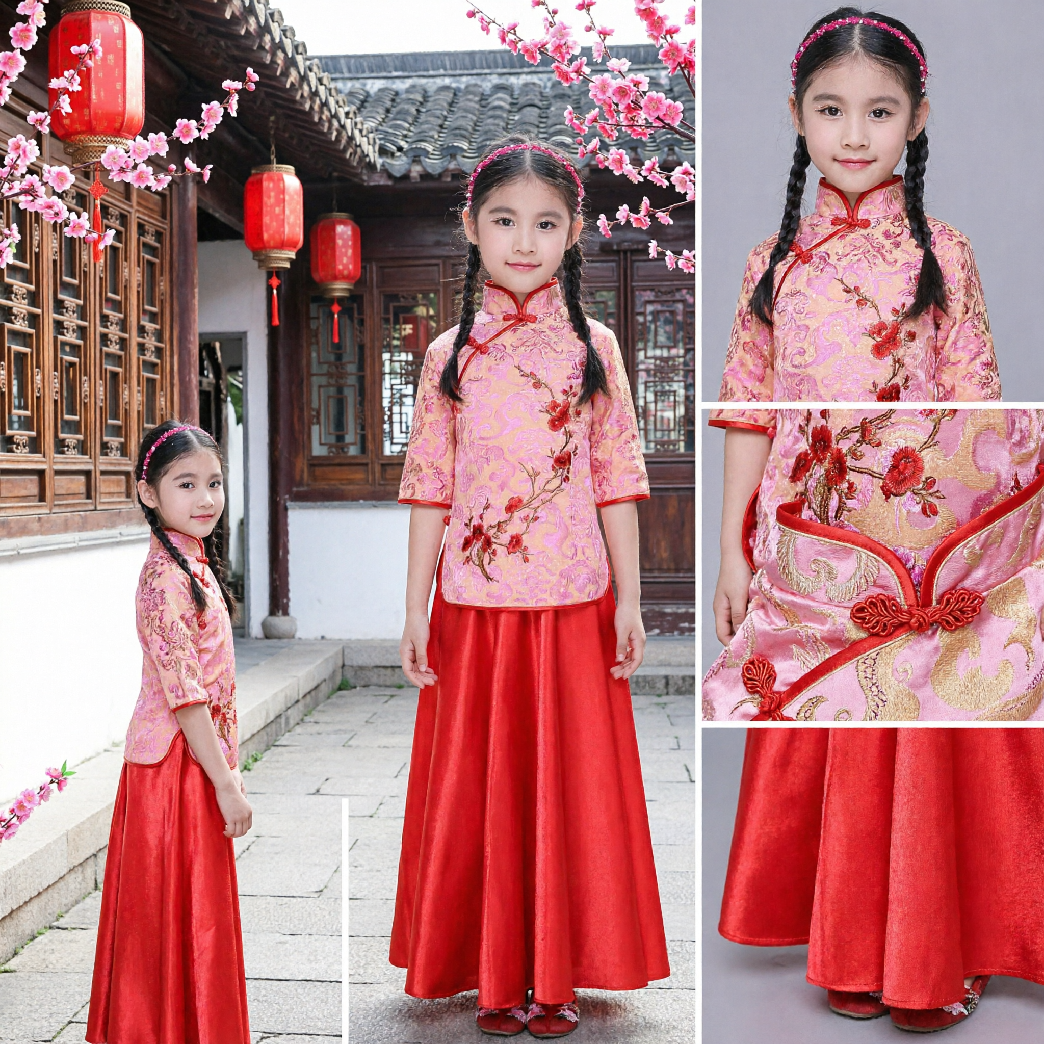 Costume Tradizionale Cinese per Festival per Bambine, Top Cheongsam con Ricamo Floreale Rosa e Gonna Rossa - Asian Costume