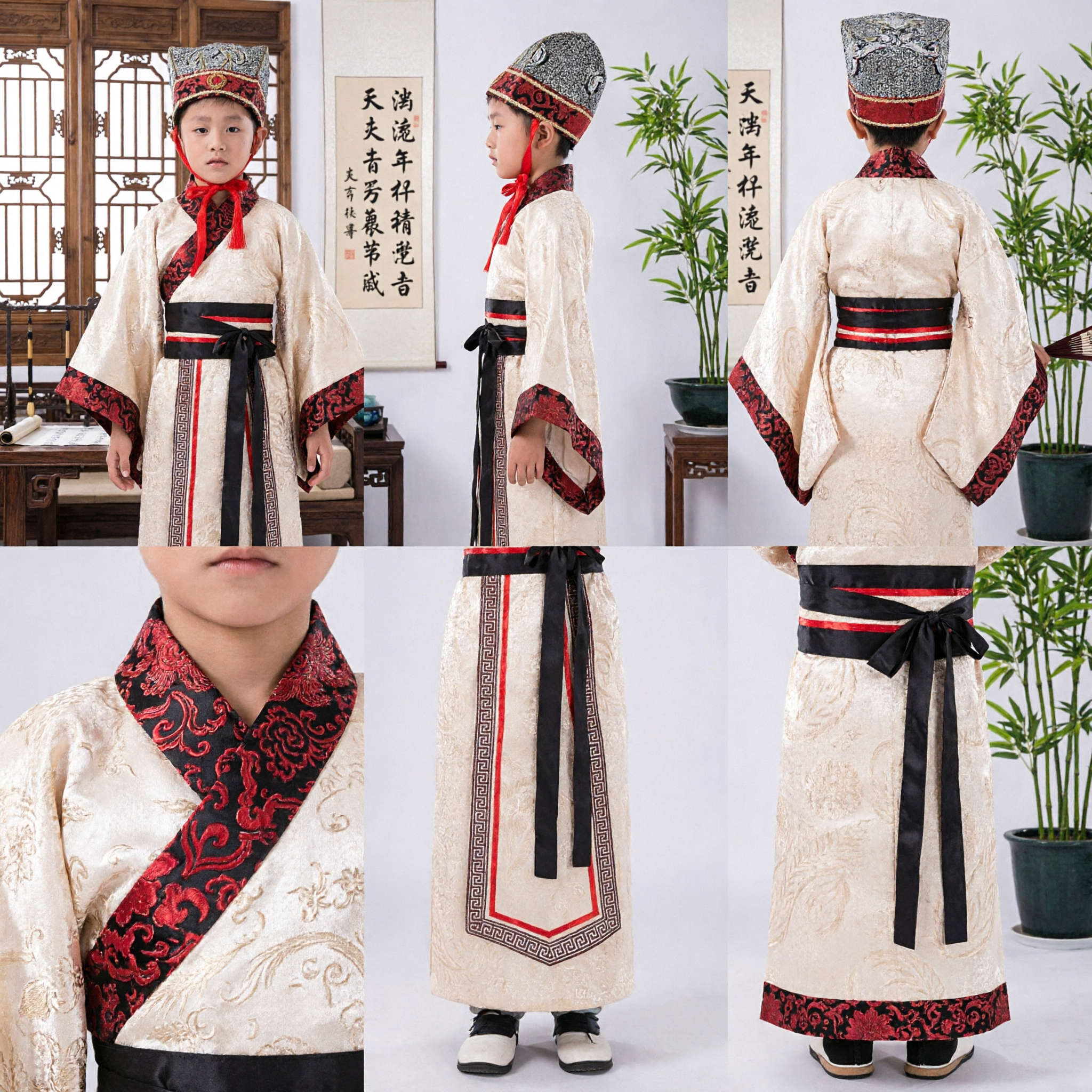 Tradycyjny chiński starożytny strój uczonego dla chłopców, komplet Hanfu z szatą i kapeluszem na występ sceniczny - Asian Costume