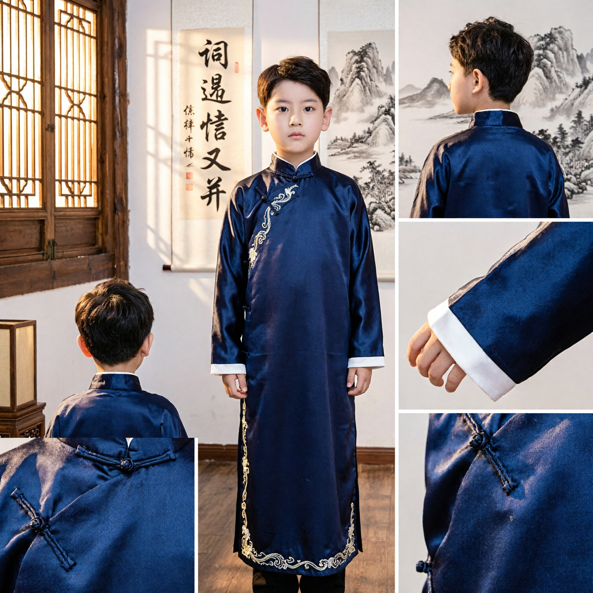 Changshan Azul Marino Tradicional Chino para Niños Traje Tang Cuello Mandarín Túnica Larga para Actuación - Asian Costume