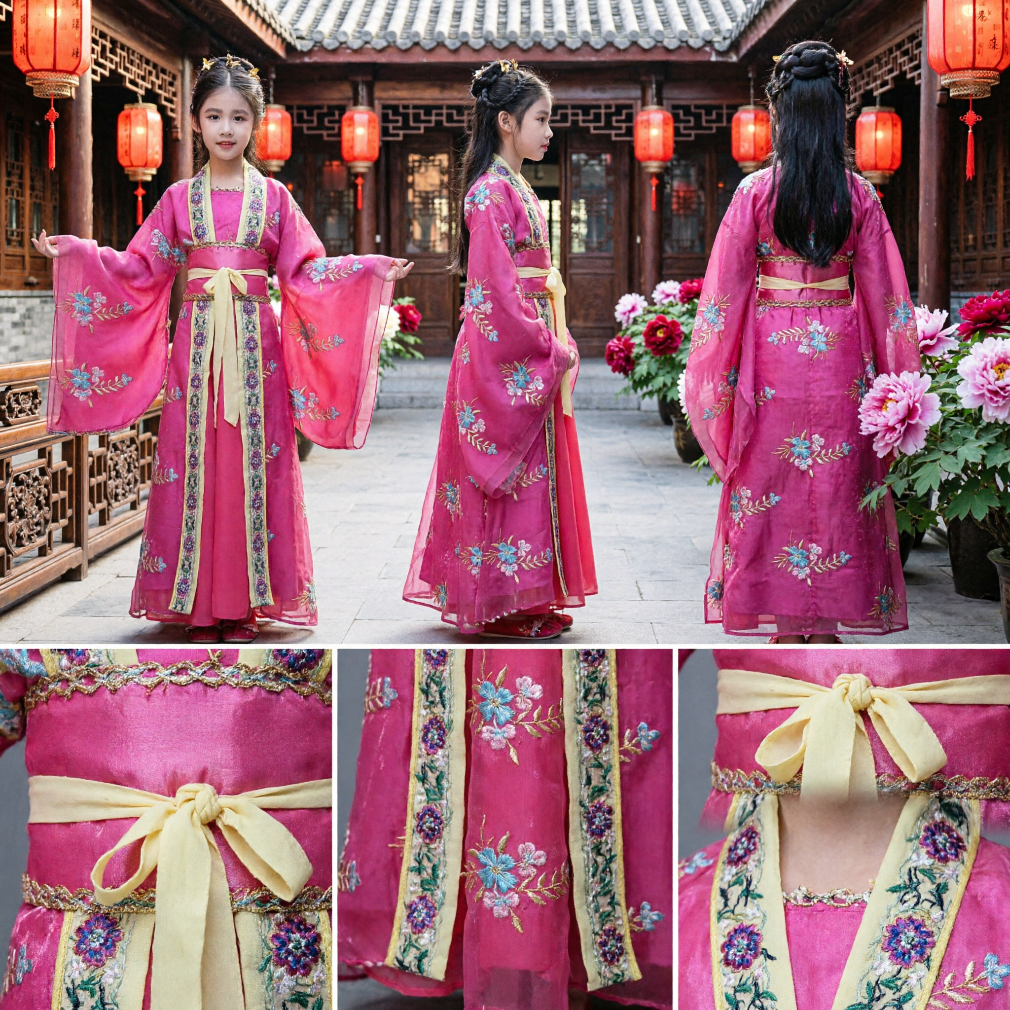 Traje Tradicional Chinês Hanfu para Meninas Vestido Antigo de Dama do Palácio Roupa de Performance Bordada Infantil Rosa - Asian Costume