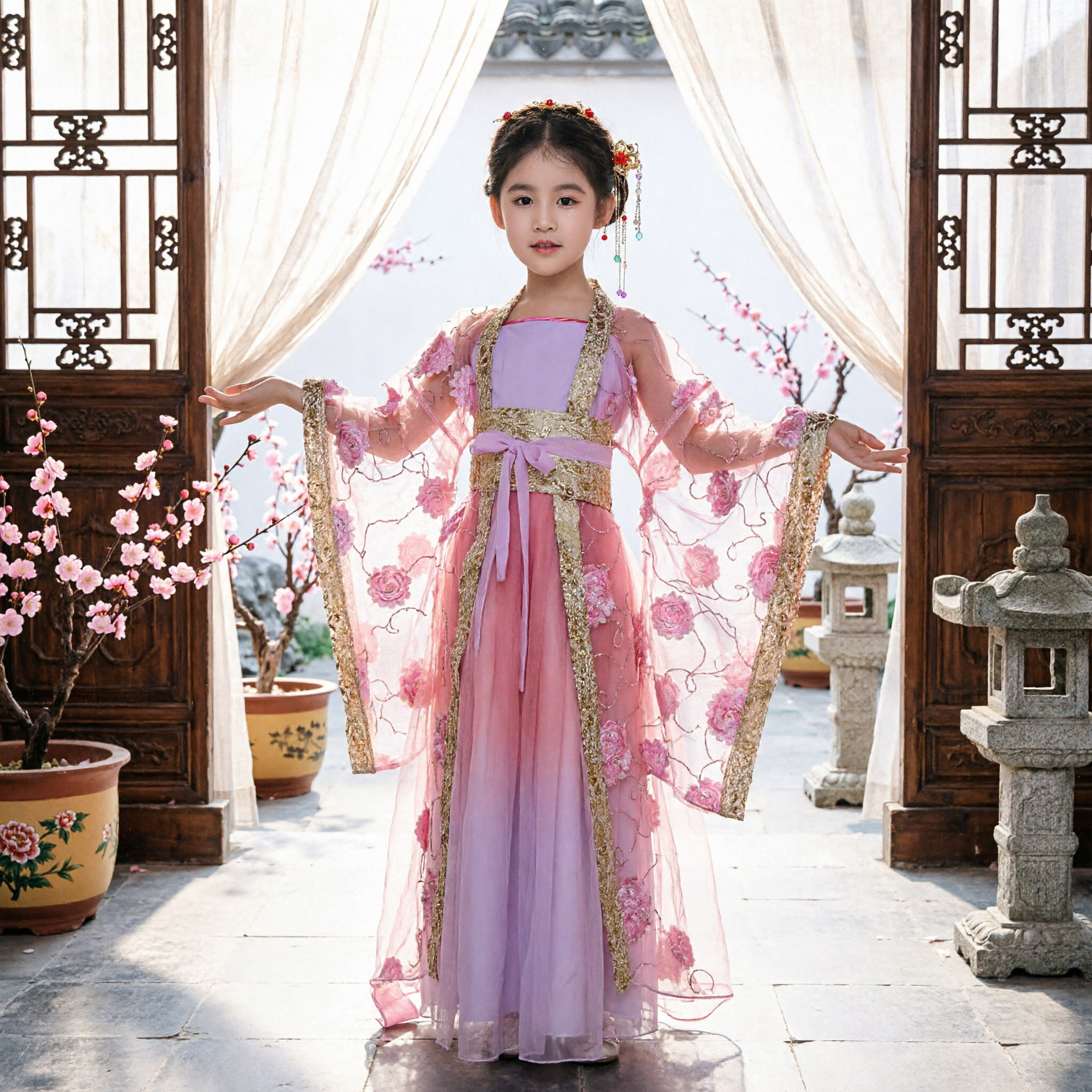 Kids Chinese Ancient Princess Hanfu Dress Pink Floral Embroidery Traditional Fairy Costume for Girls Dance Performance - Asian Costume